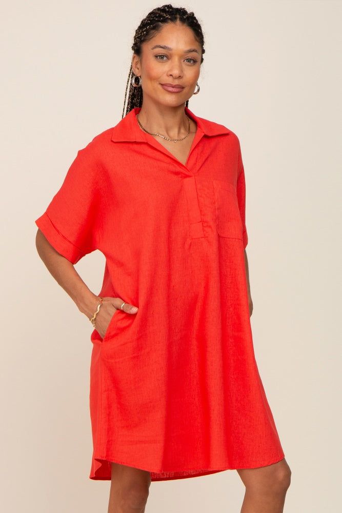 Orange Linen Collared Front Pocket Short Sleeve Dress sold by Pinkblush product image thumbnail 2