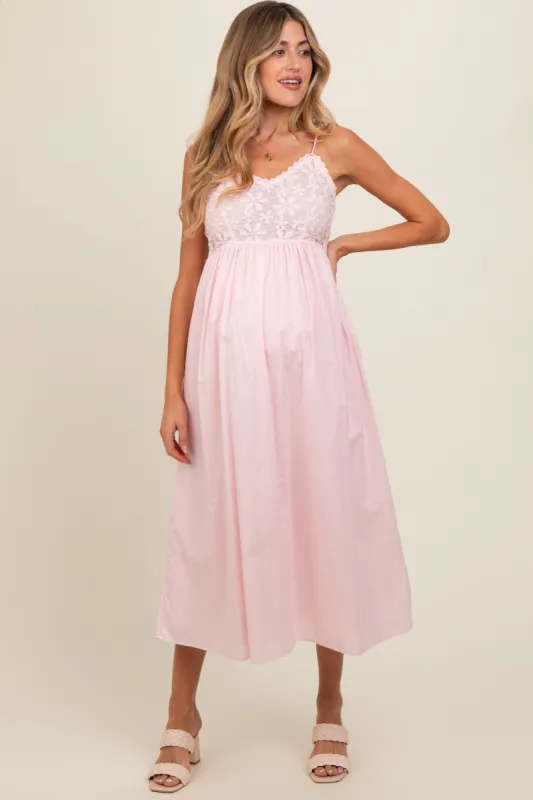 Light Pink Floral Crochet Contrast Maternity Midi Dress sold by Pinkblush
