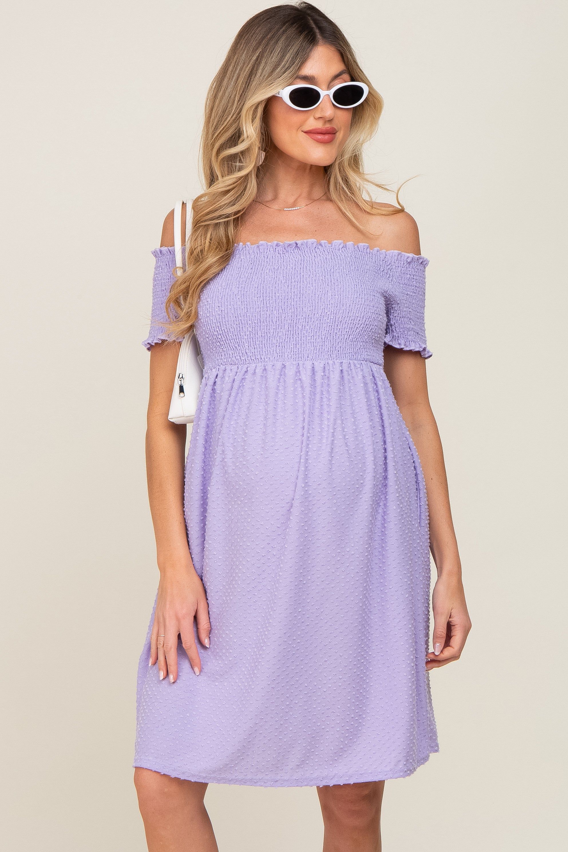 Lavender Swiss Dot Off Shoulder Maternity Dress sold by Pinkblush