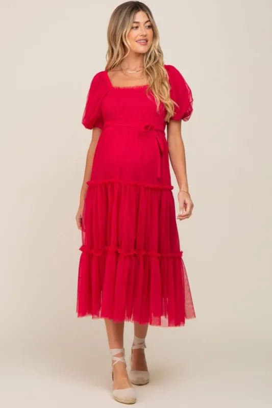 Magenta Tulle Smocked Tiered Maternity Midi Dress sold by Pinkblush
