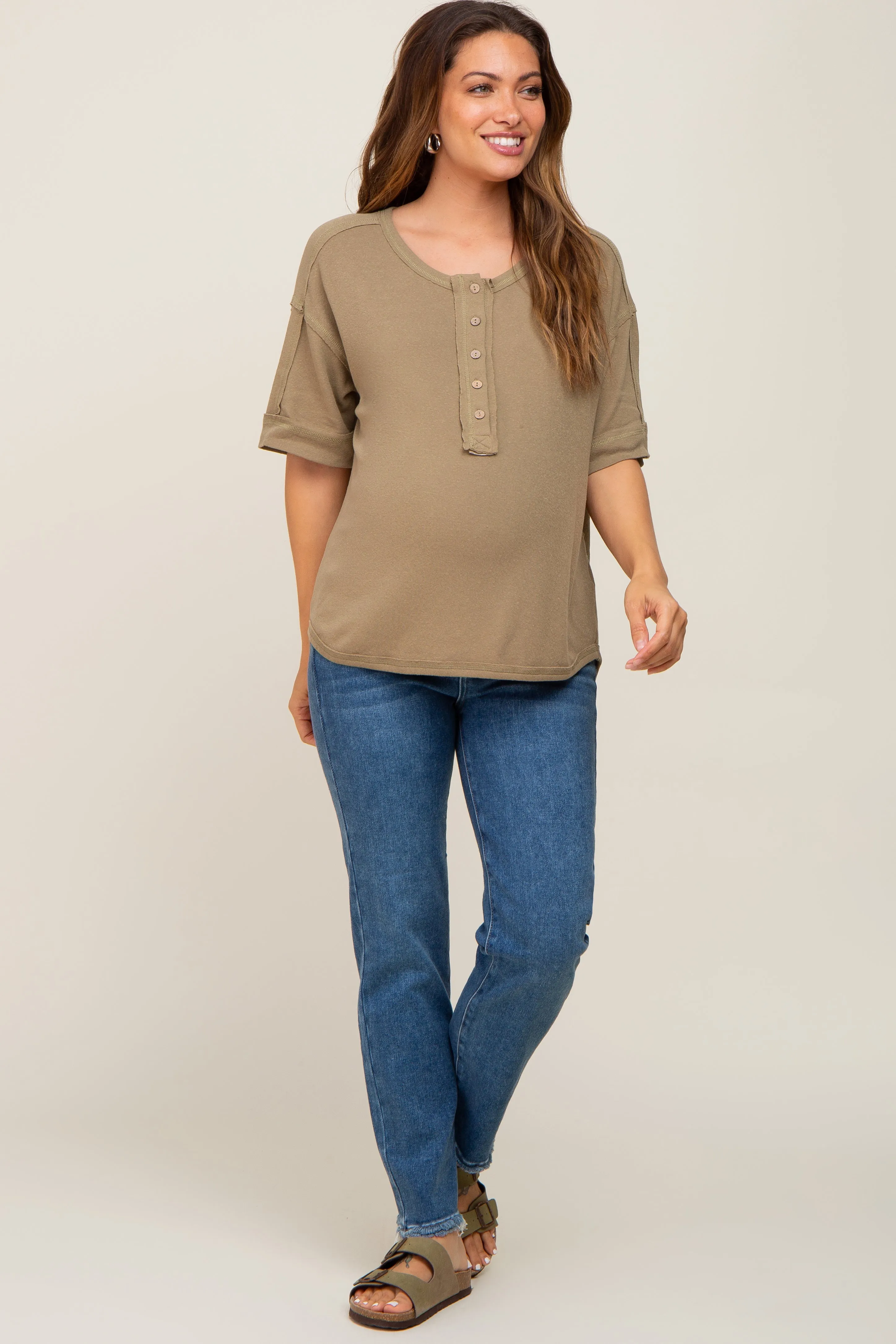 Olive Oversized Maternity Henley Top sold by Pinkblush product image thumbnail 4