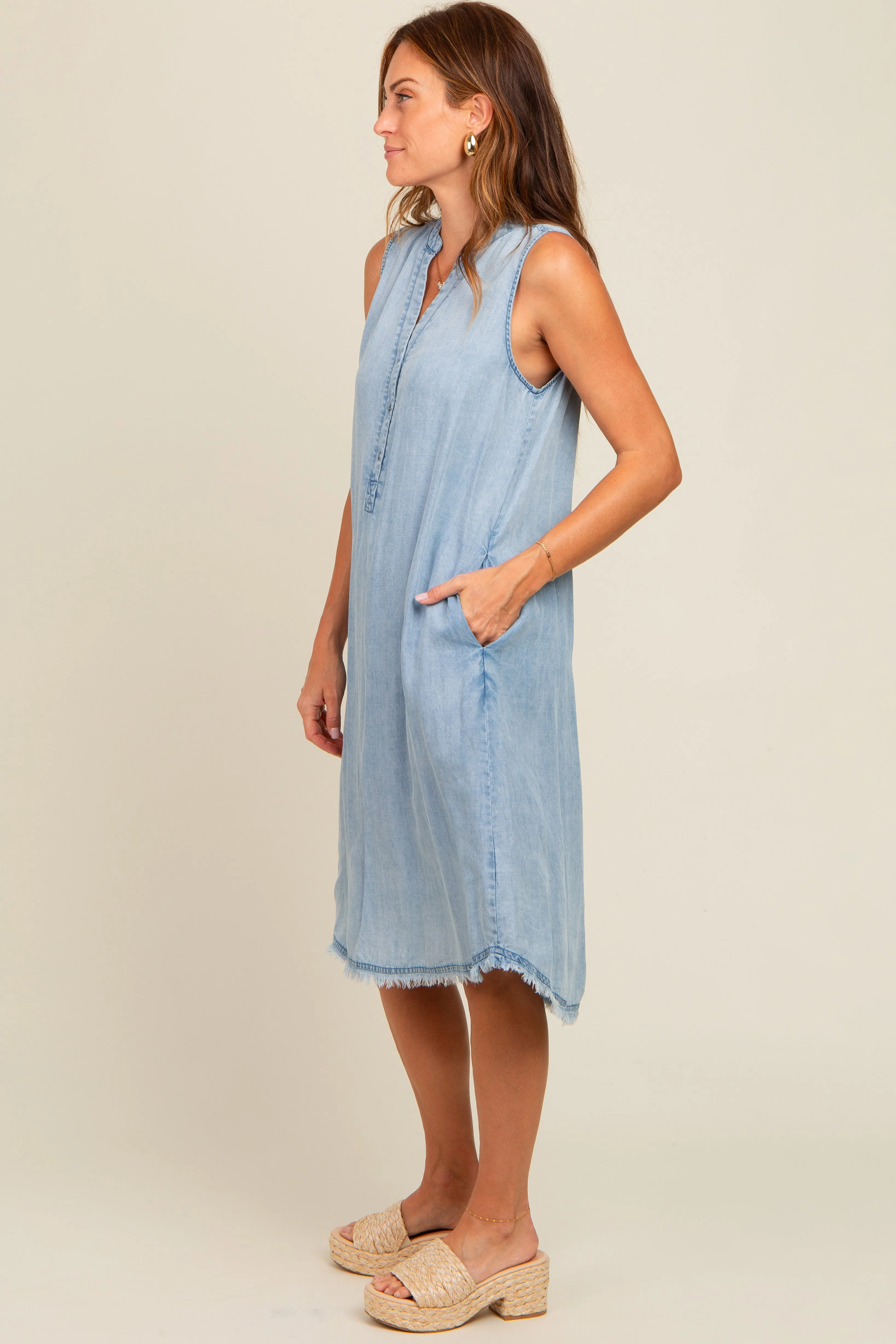 Light Blue Chambray Button Up Fringe Sleeveless Dress sold by Pinkblush product image thumbnail 3