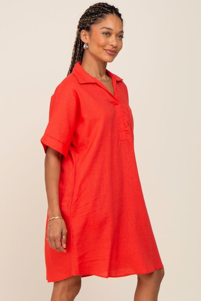 Orange Linen Collared Front Pocket Short Sleeve Dress sold by Pinkblush product image thumbnail 3