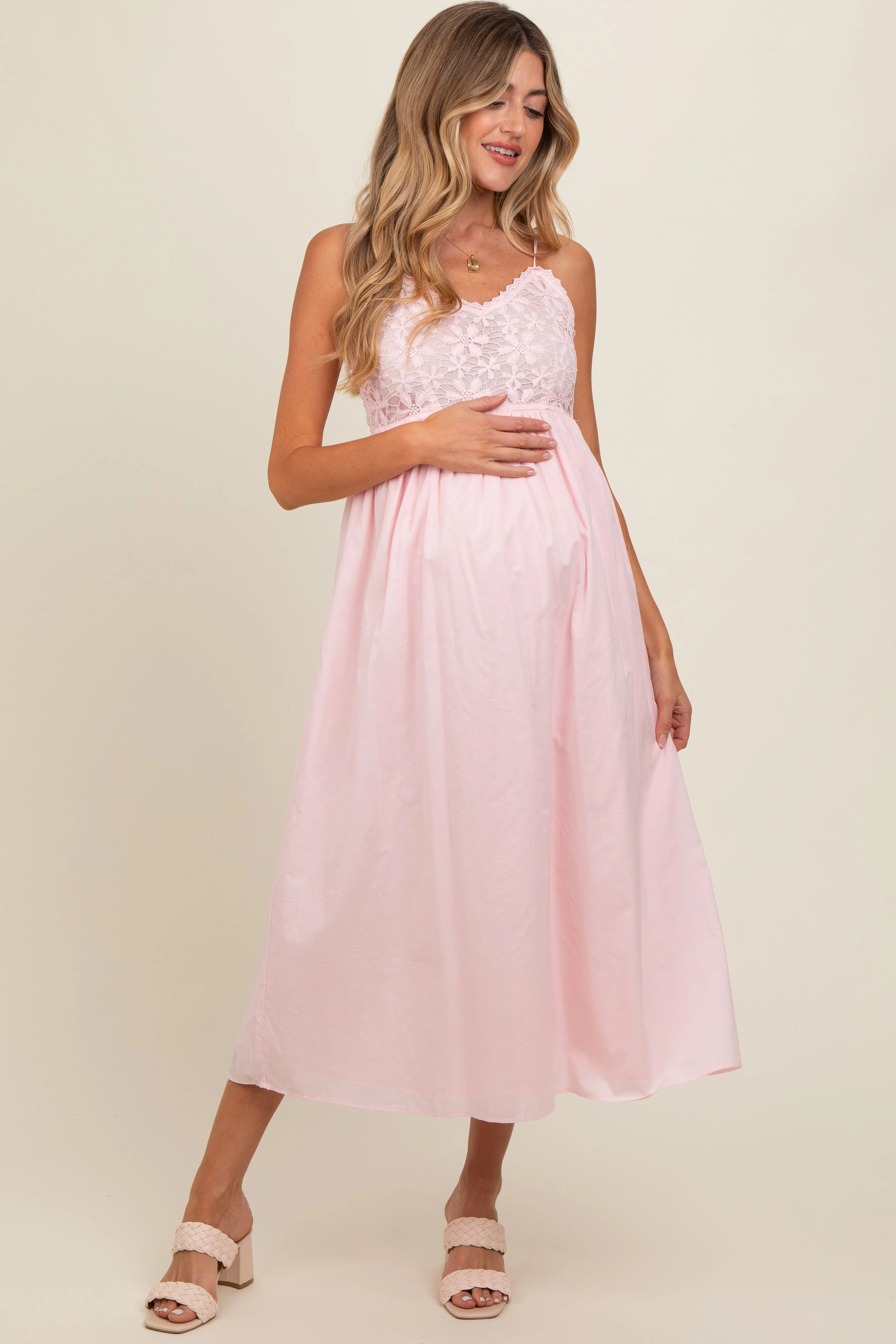 Light Pink Floral Crochet Contrast Maternity Midi Dress sold by Pinkblush product image thumbnail 2