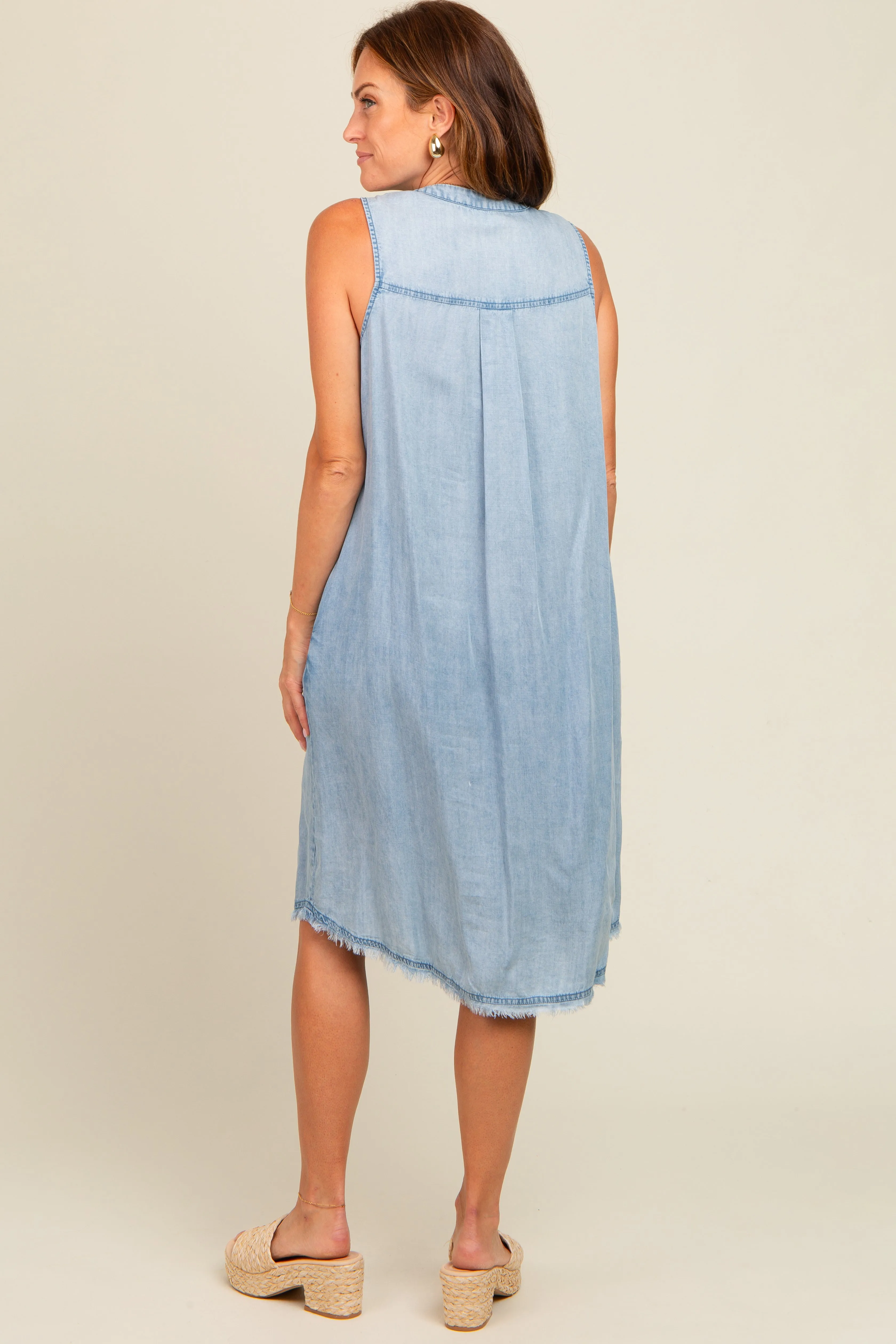 Light Blue Chambray Button Up Fringe Sleeveless Dress sold by Pinkblush product image thumbnail 4