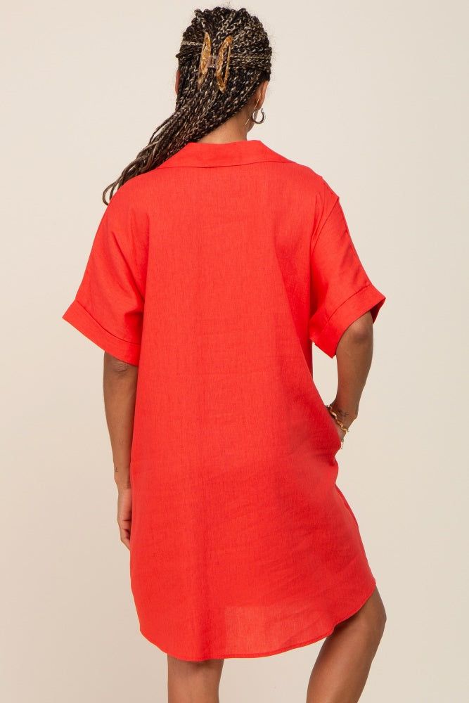 Orange Linen Collared Front Pocket Short Sleeve Dress sold by Pinkblush product image thumbnail 4