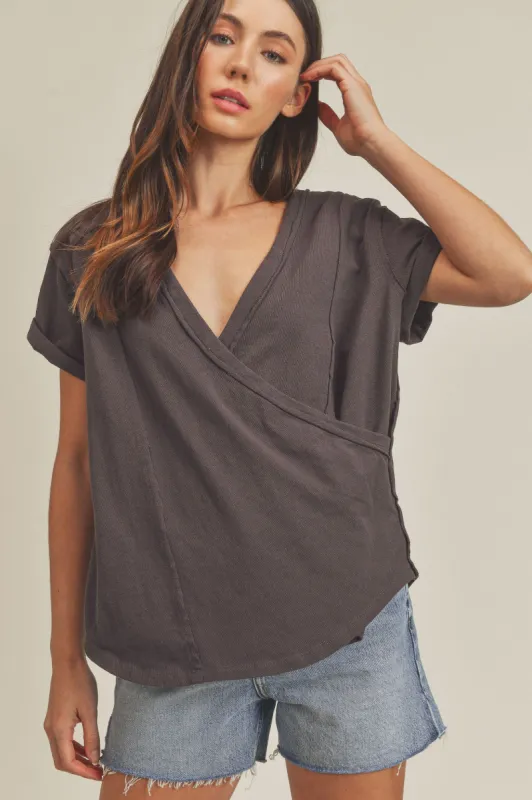 Charcoal Wrap Short Sleeve Raw Hem Top sold by Pinkblush