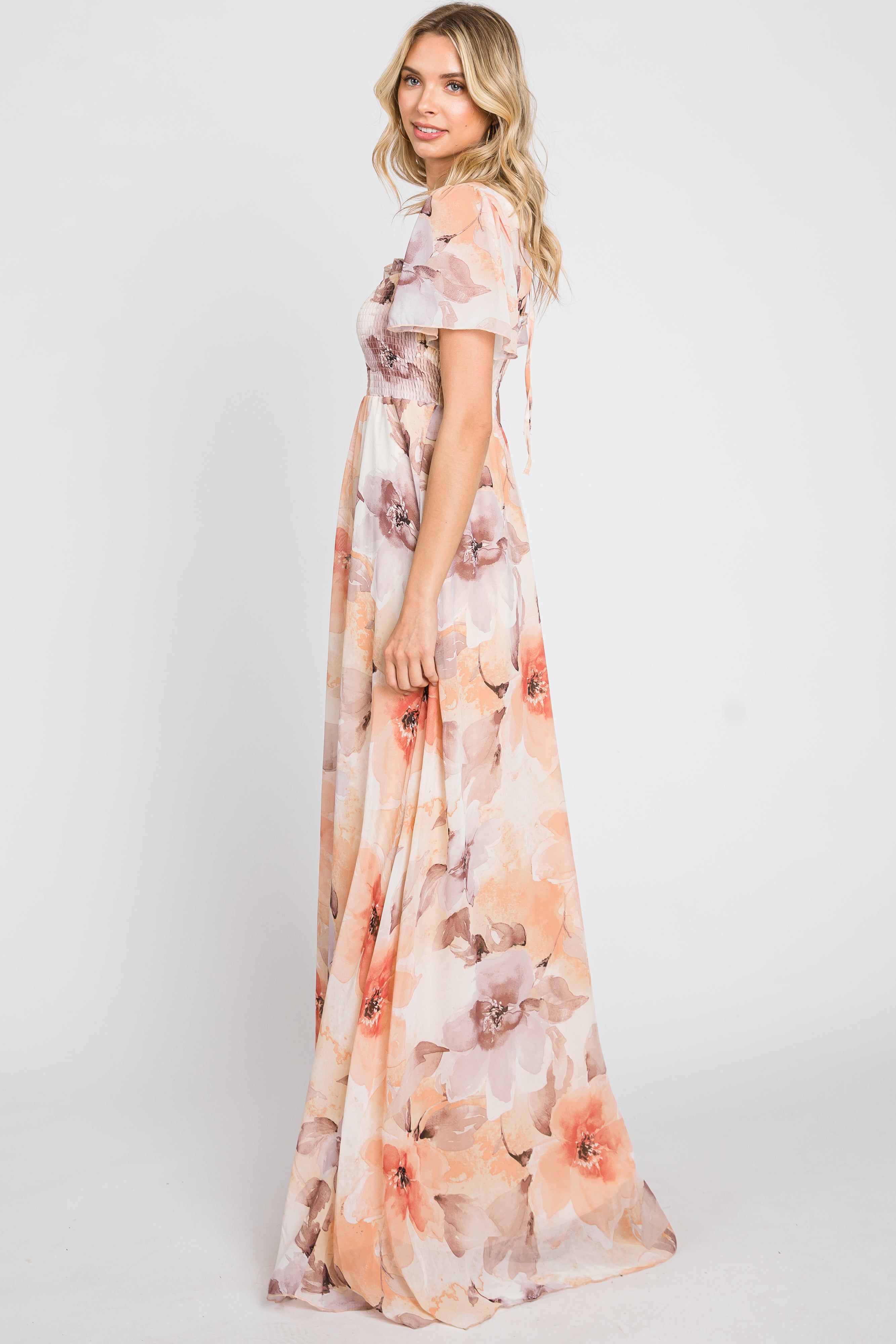 Peach Floral Chiffon Smocked Short Sleeve Maxi Dress sold by Pinkblush product image thumbnail 2