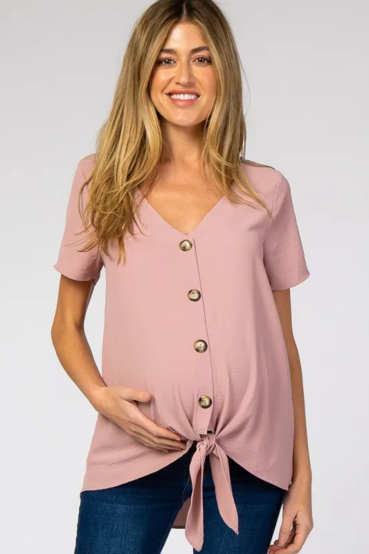 Dark Mauve Button Tie Front Maternity Top sold by Pinkblush