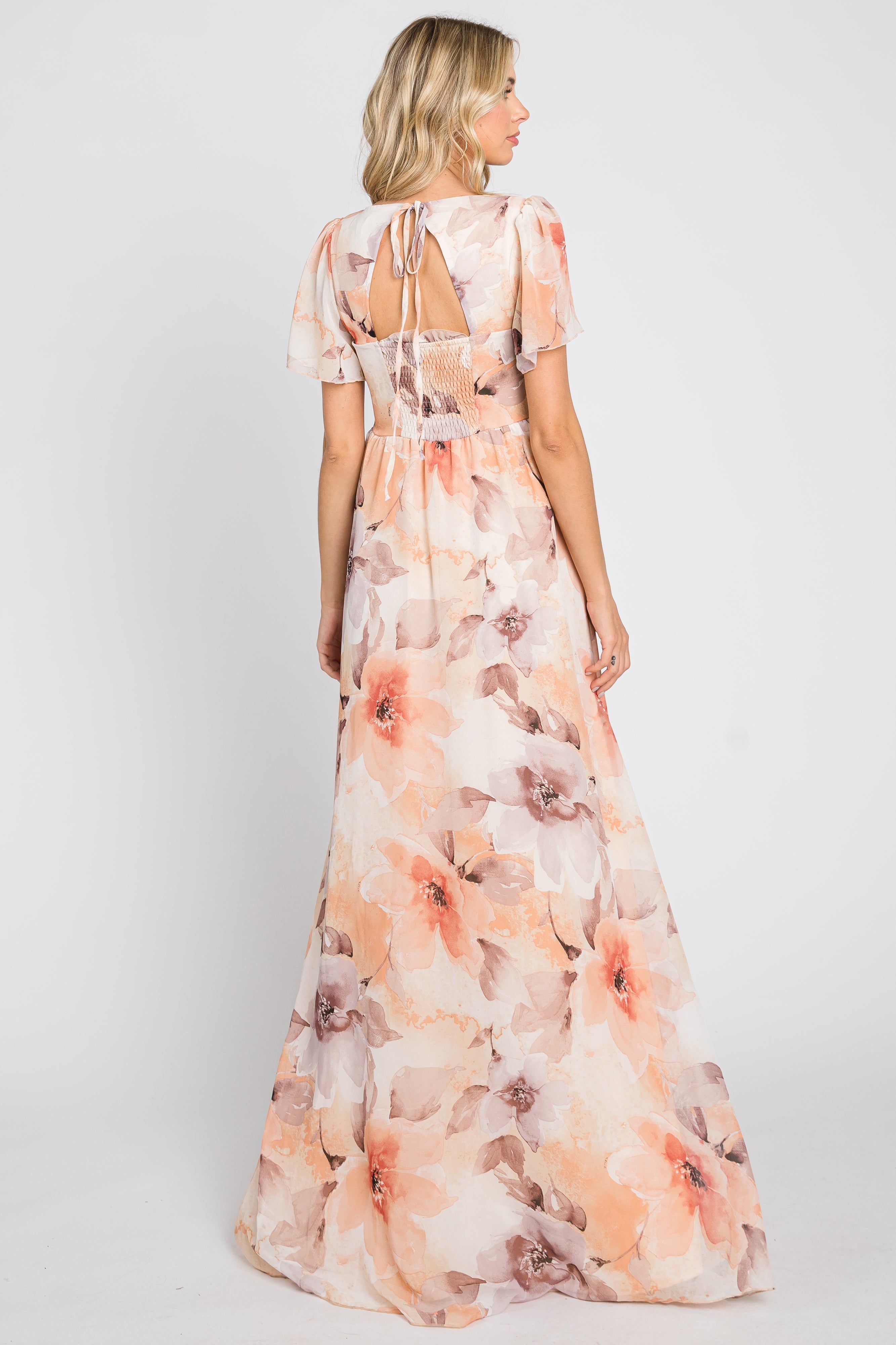 Peach Floral Chiffon Smocked Short Sleeve Maxi Dress sold by Pinkblush product image thumbnail 3
