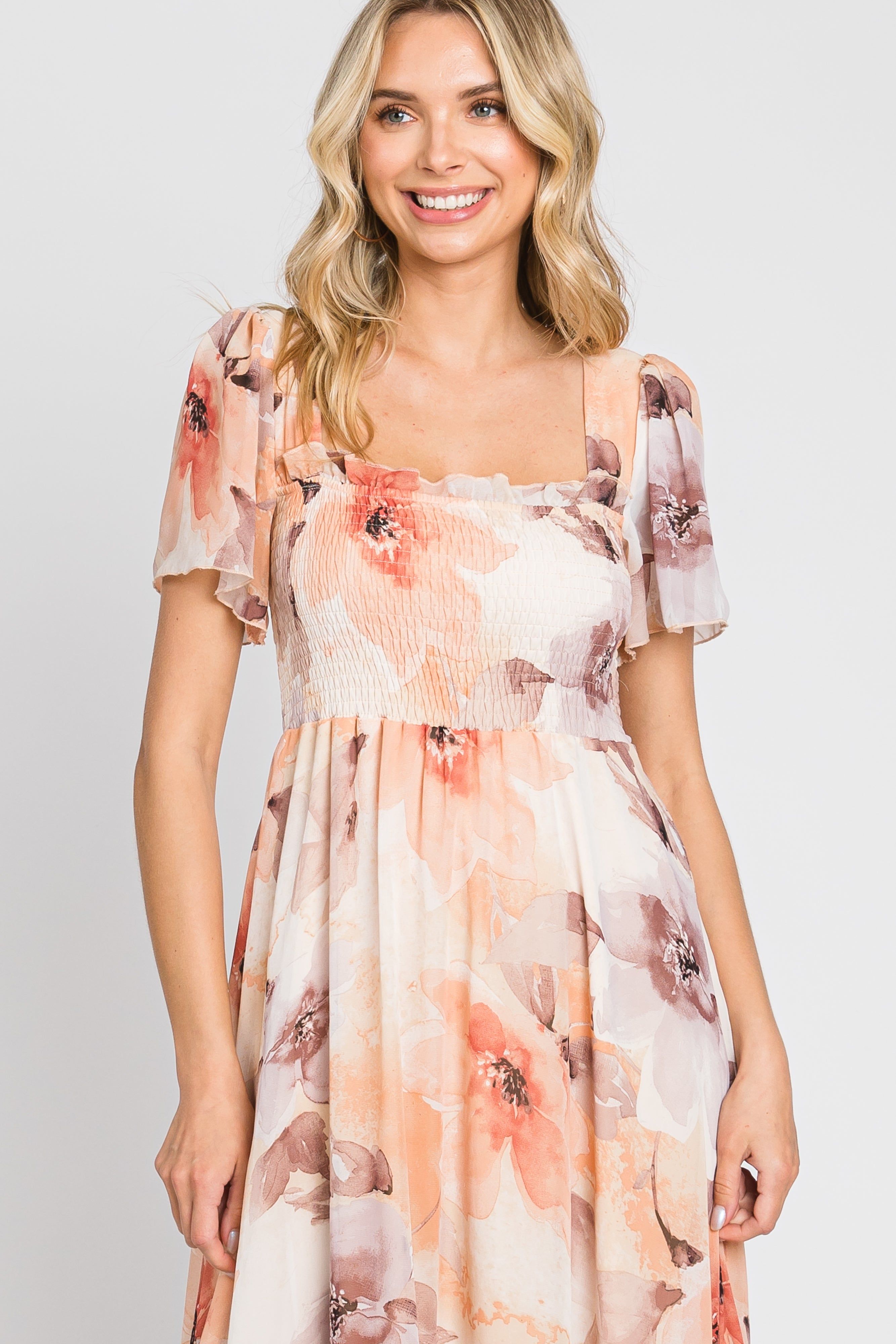 Peach Floral Chiffon Smocked Short Sleeve Maxi Dress sold by Pinkblush product image thumbnail 4