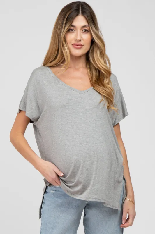Heather Grey V-Neck Oversized Maternity Short Sleeve Top sold by Pinkblush