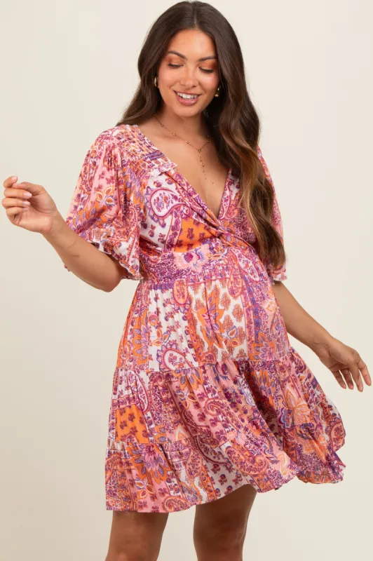 Peach Paisley Twist Front Short Sleeve Maternity Dress sold by Pinkblush