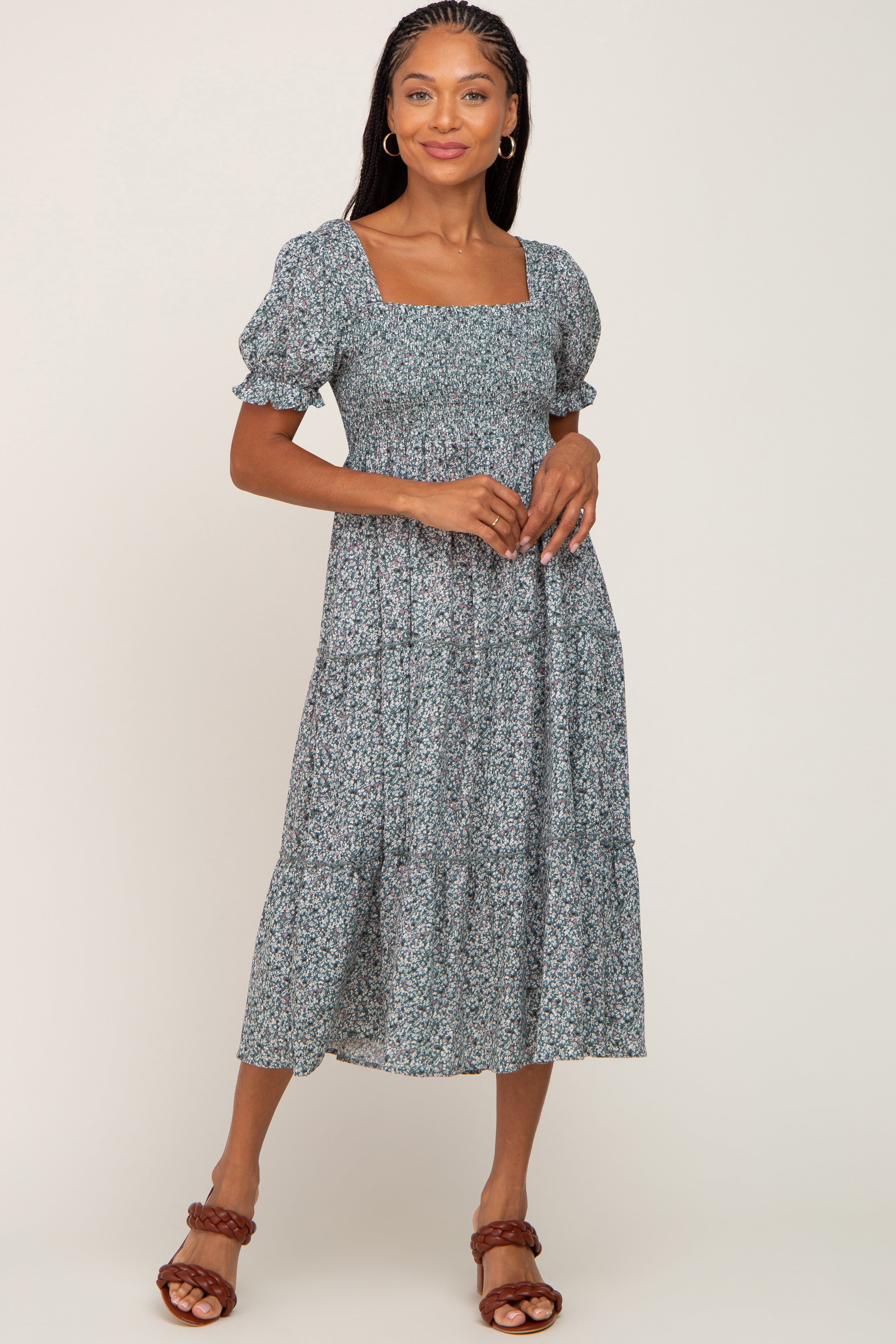 Teal Ditsy Floral Smocked Tiered Midi Dress sold by Pinkblush product image thumbnail 5