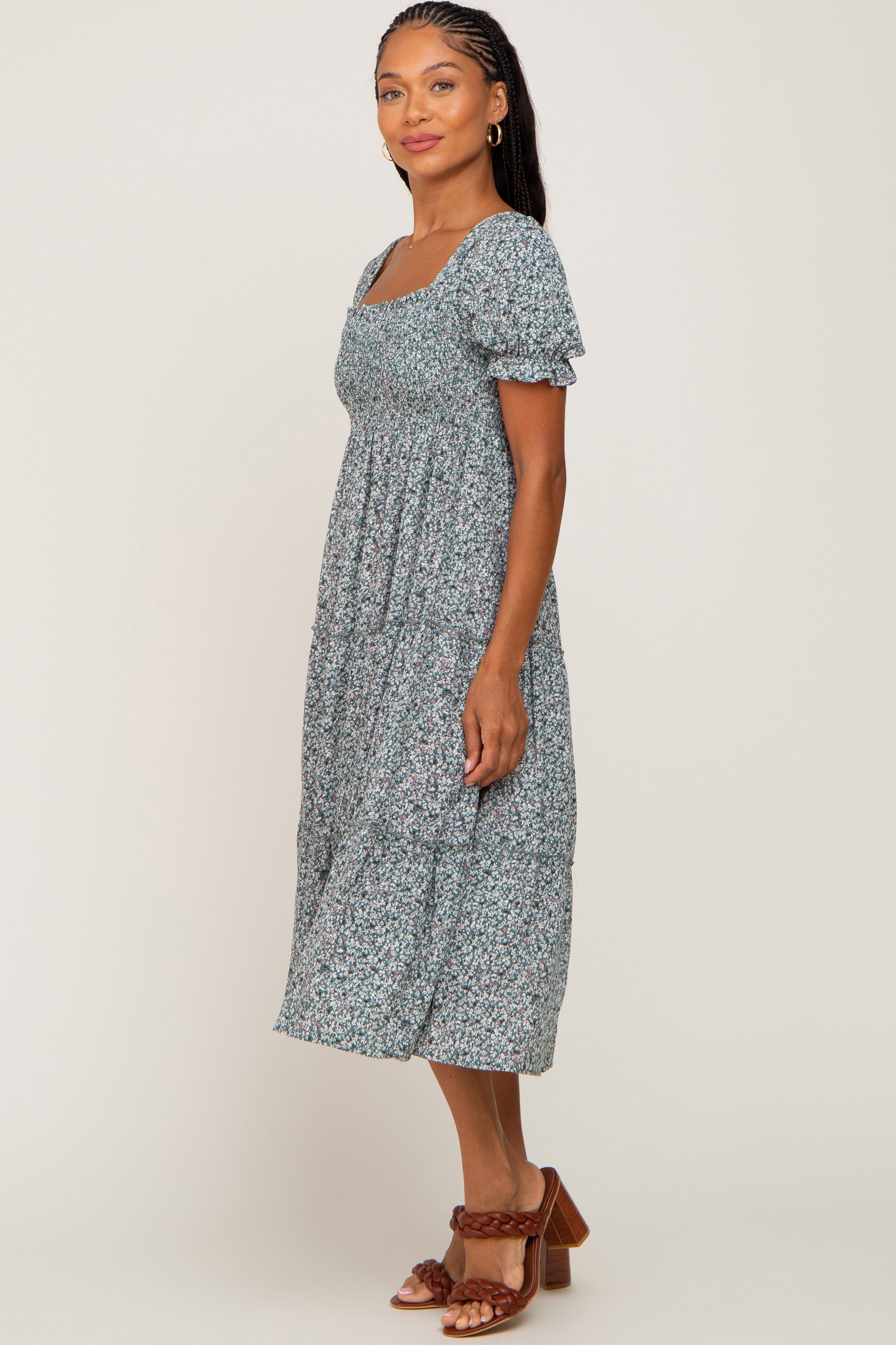 Teal Ditsy Floral Smocked Tiered Midi Dress sold by Pinkblush product image thumbnail 2