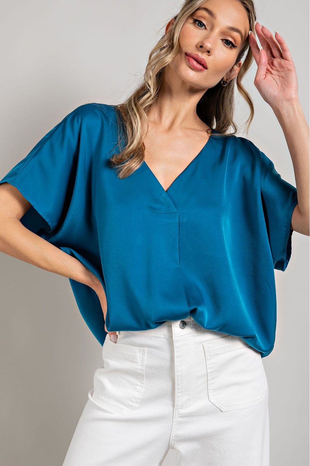 Teal Satin V-Neck Blouse sold by Pinkblush