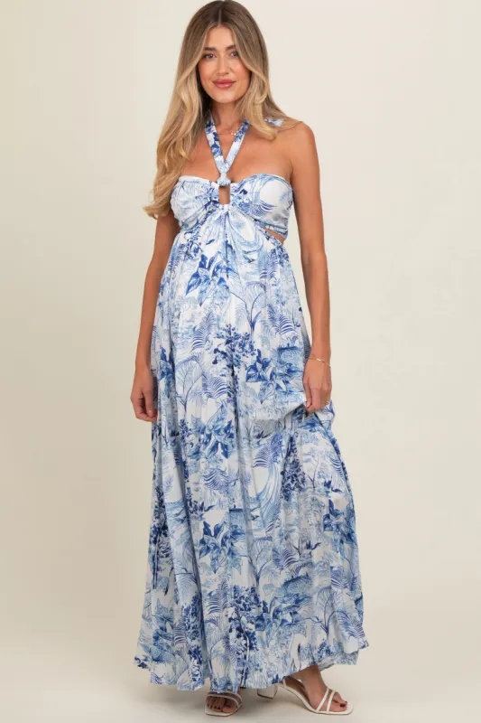 Blue Sweetheart Neck Halter Cut Out Back Maternity Maxi Dress sold by Pinkblush