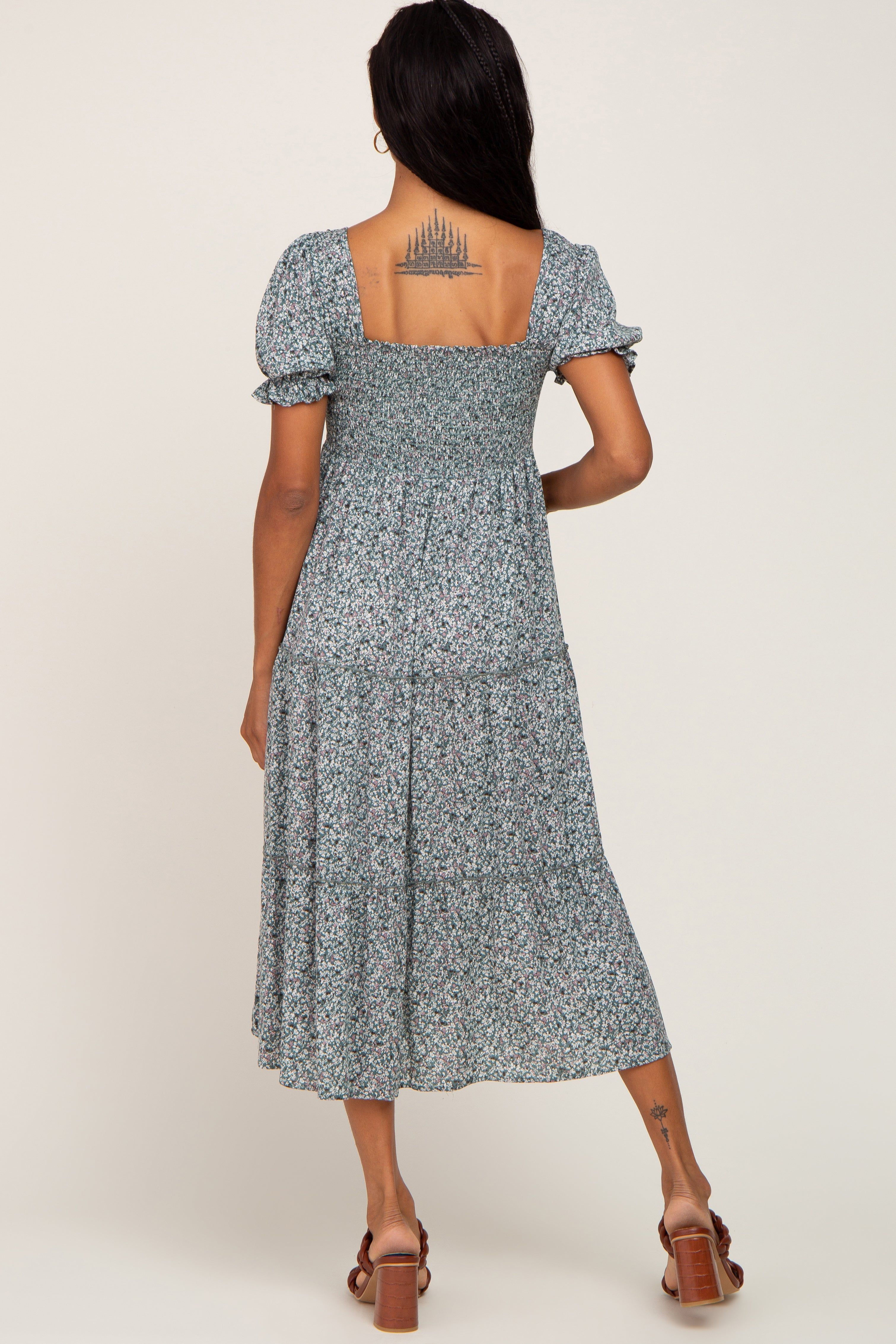 Teal Ditsy Floral Smocked Tiered Midi Dress sold by Pinkblush product image thumbnail 3