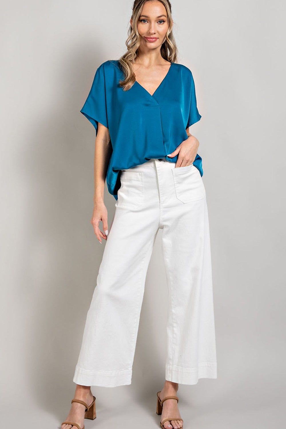 Teal Satin V-Neck Blouse sold by Pinkblush product image thumbnail 5