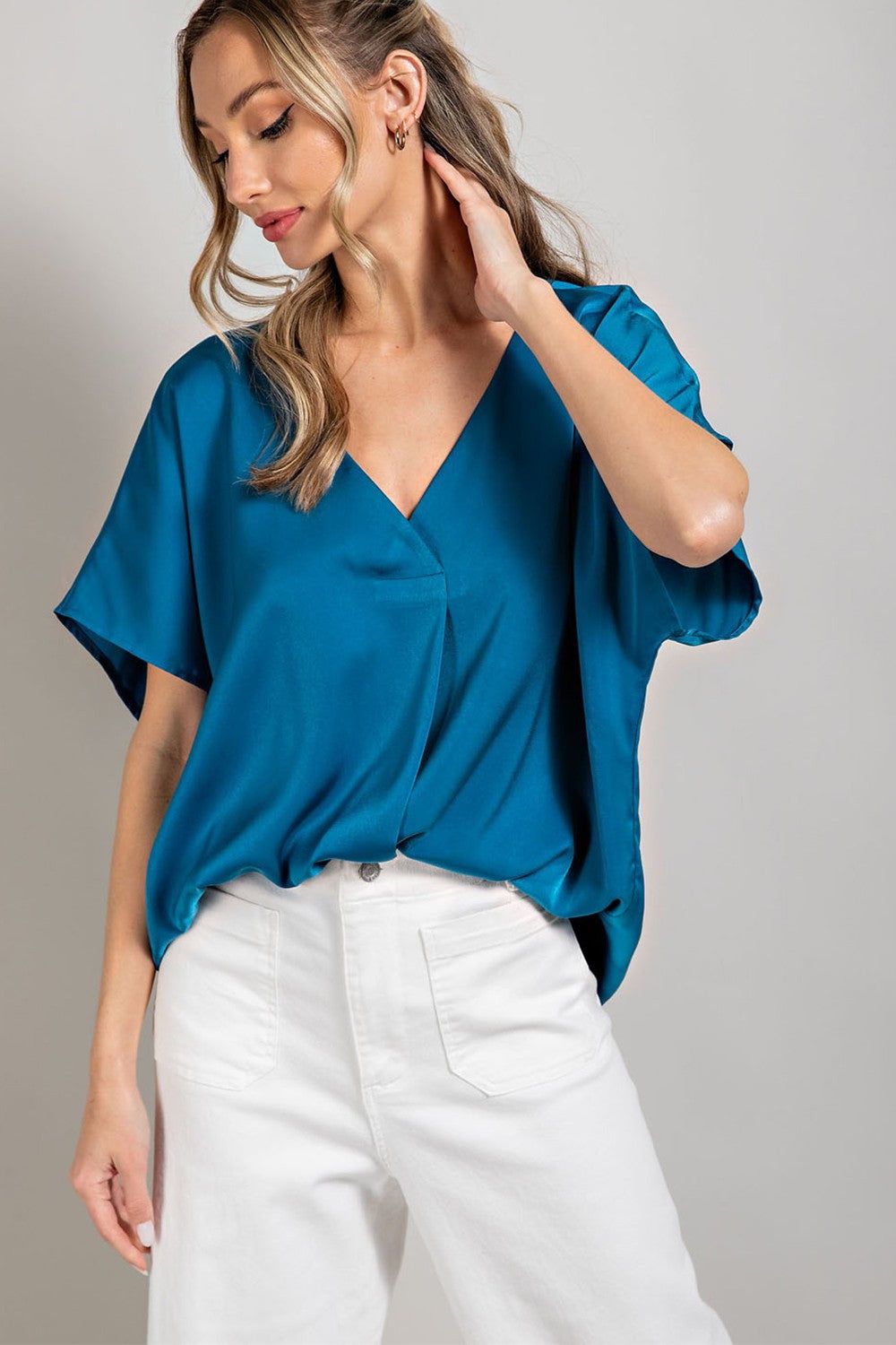 Teal Satin V-Neck Blouse sold by Pinkblush product image thumbnail 2