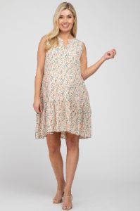 Cream Floral Tiered Sleeveless Maternity Dress sold by Pinkblush