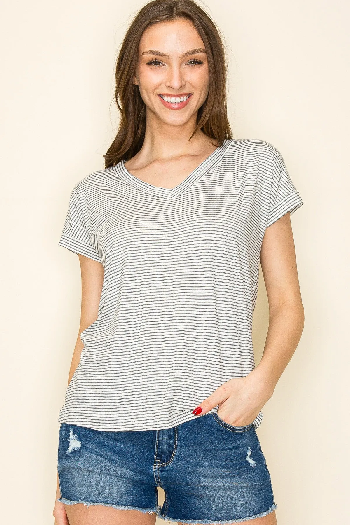 Black Striped V-Neck Short Sleeve Top sold by Pinkblush