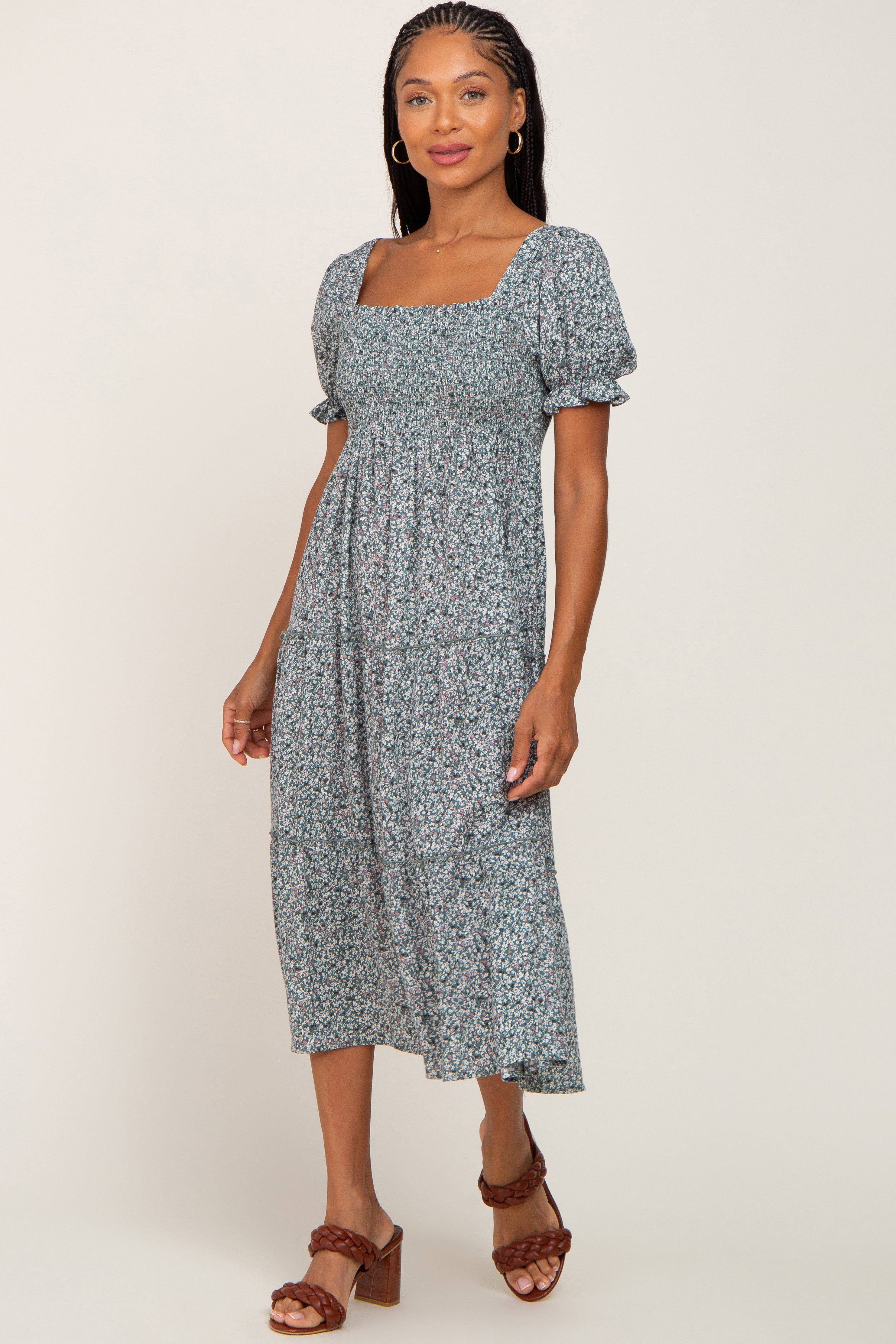 Teal Ditsy Floral Smocked Tiered Midi Dress sold by Pinkblush