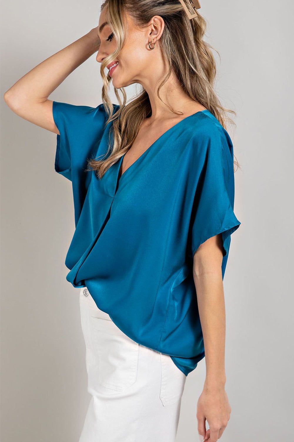 Teal Satin V-Neck Blouse sold by Pinkblush product image thumbnail 3