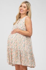 Cream Floral Tiered Sleeveless Maternity Dress sold by Pinkblush