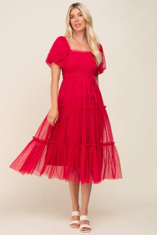 Magenta Tulle Smocked Tiered Midi Dress sold by Pinkblush