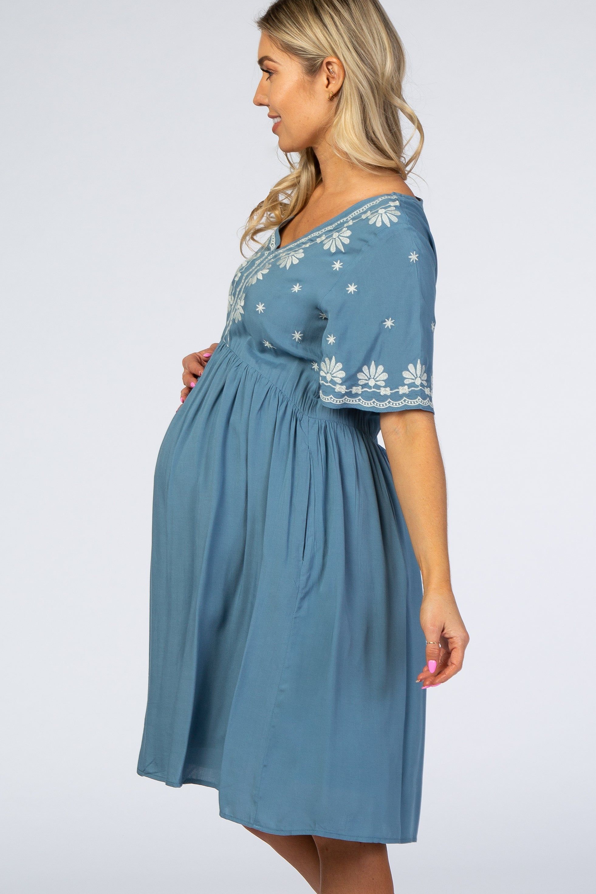 Blue Embroidered Maternity Midi Dress sold by Pinkblush product image thumbnail 3