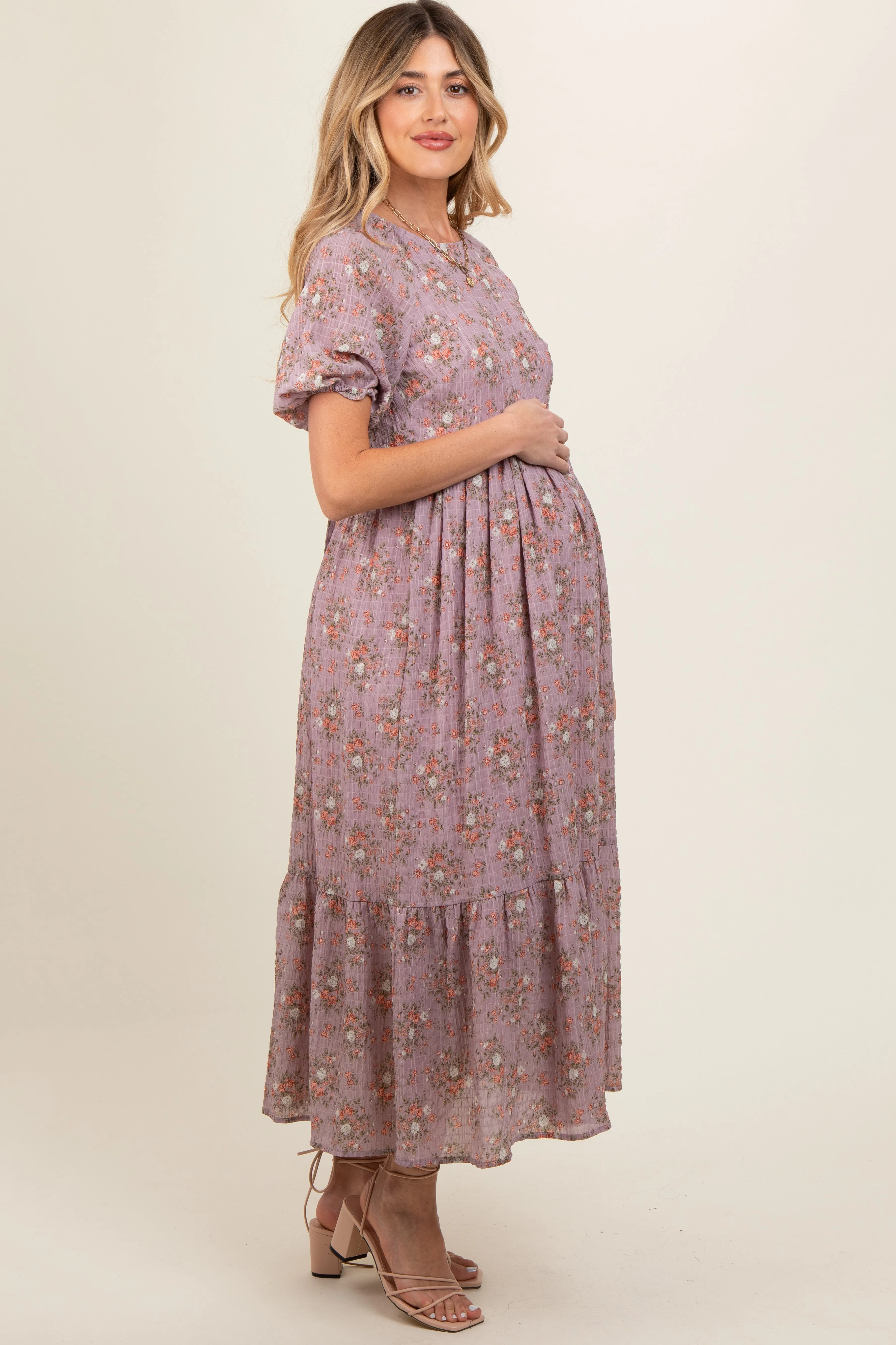 Lavender Floral Textured Tied Open Back Maternity Maxi Dress sold by Pinkblush product image thumbnail 3