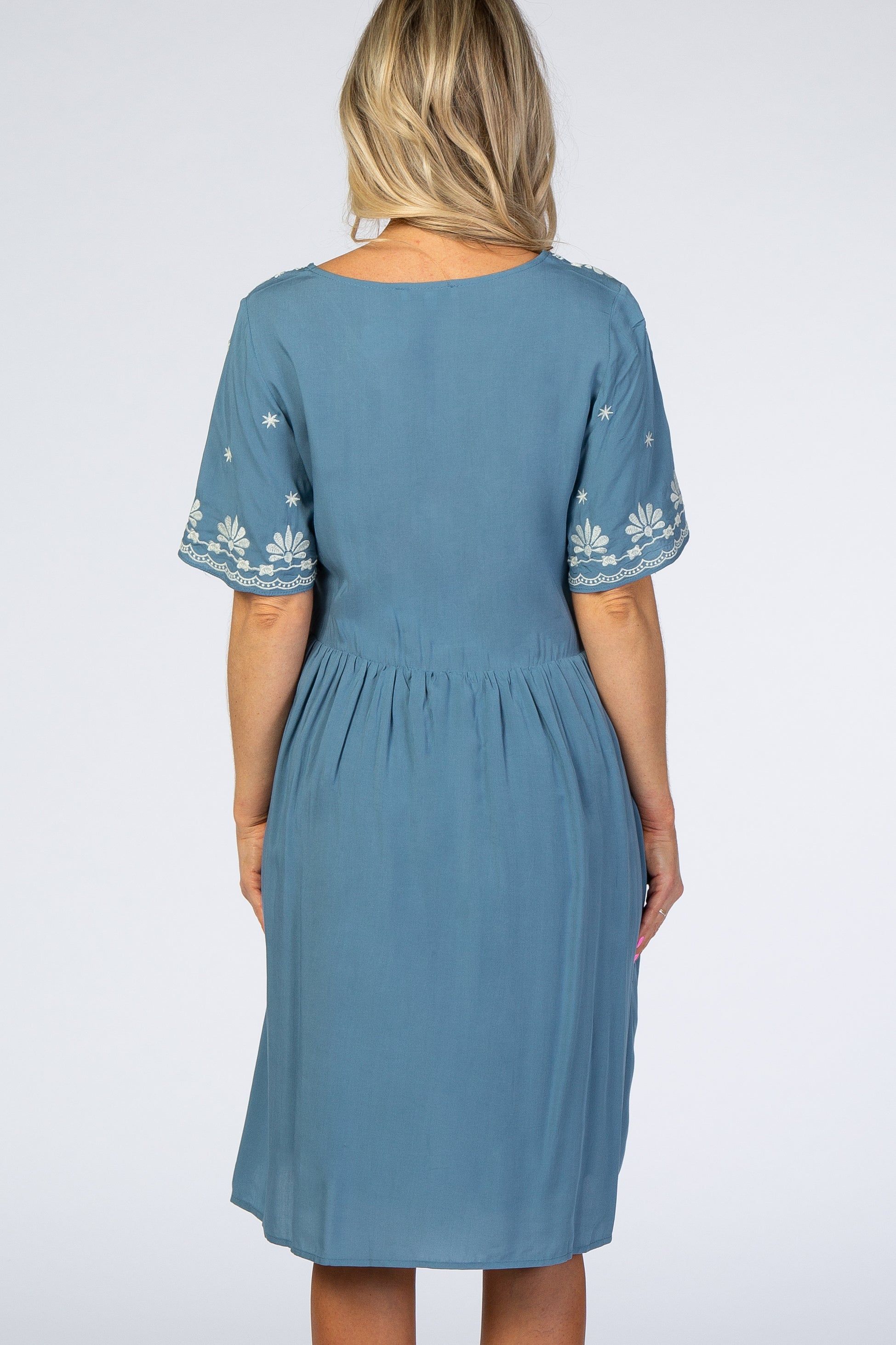 Blue Embroidered Maternity Midi Dress sold by Pinkblush product image thumbnail 4