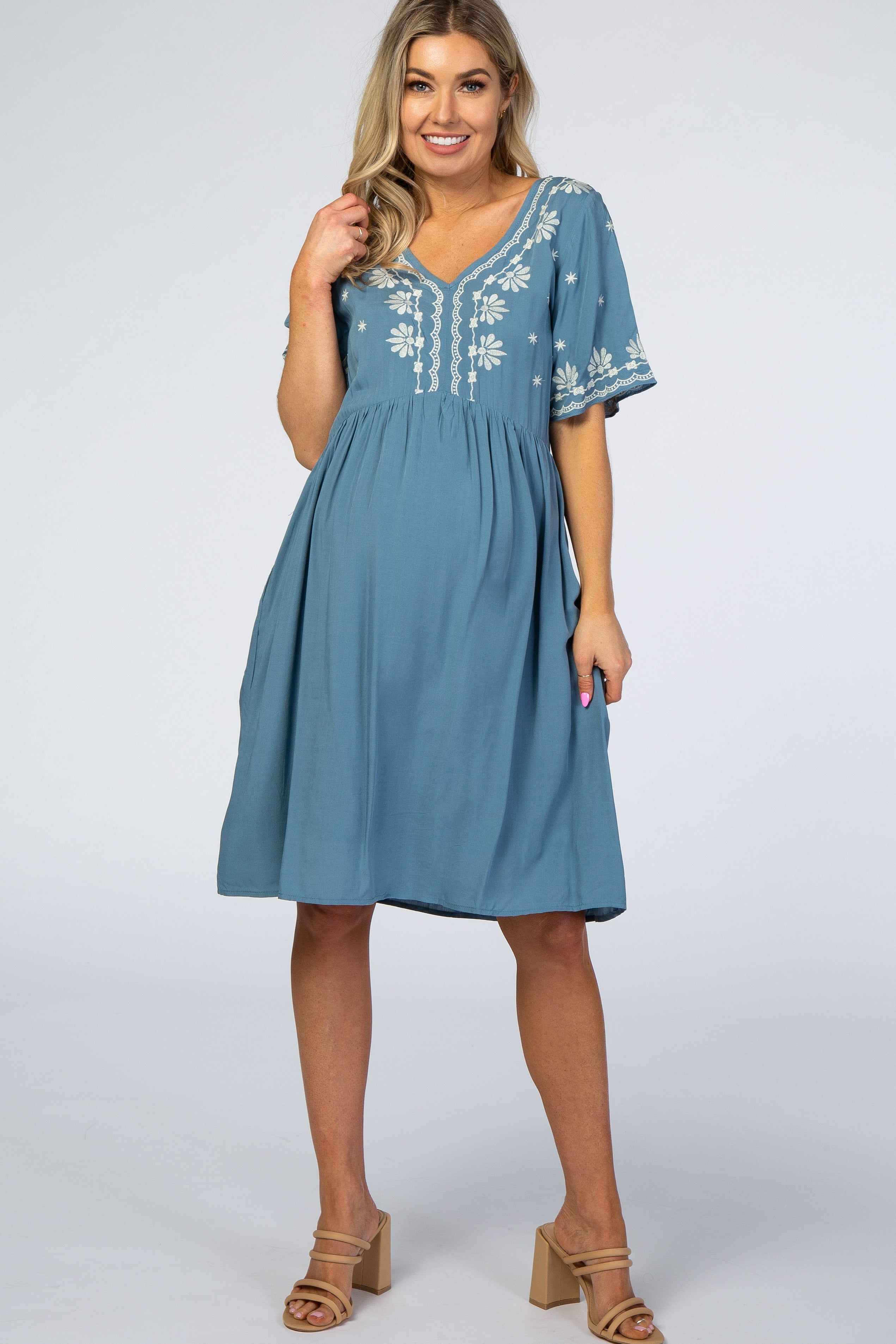 Blue Embroidered Maternity Midi Dress sold by Pinkblush