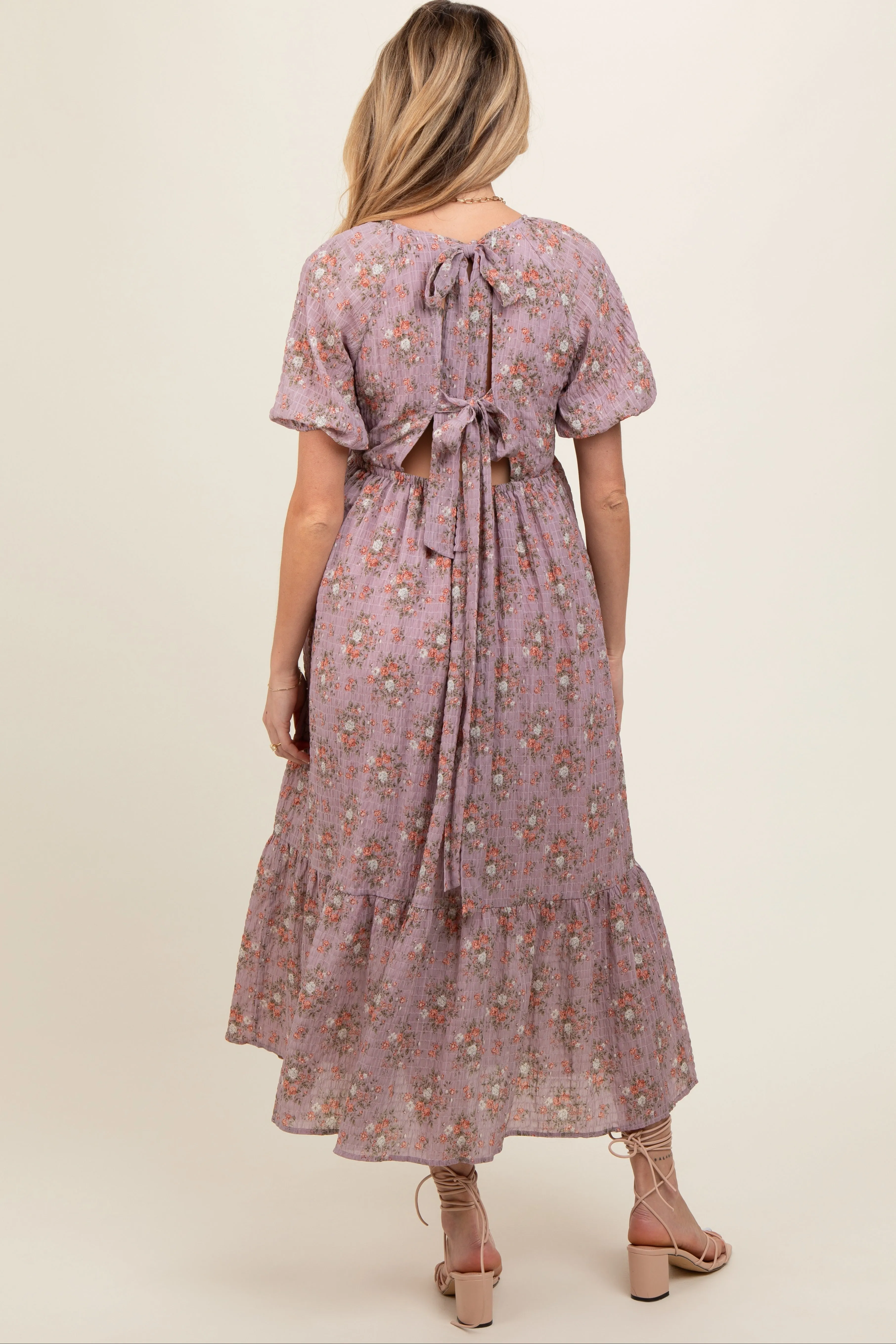 Lavender Floral Textured Tied Open Back Maternity Maxi Dress sold by Pinkblush product image thumbnail 4
