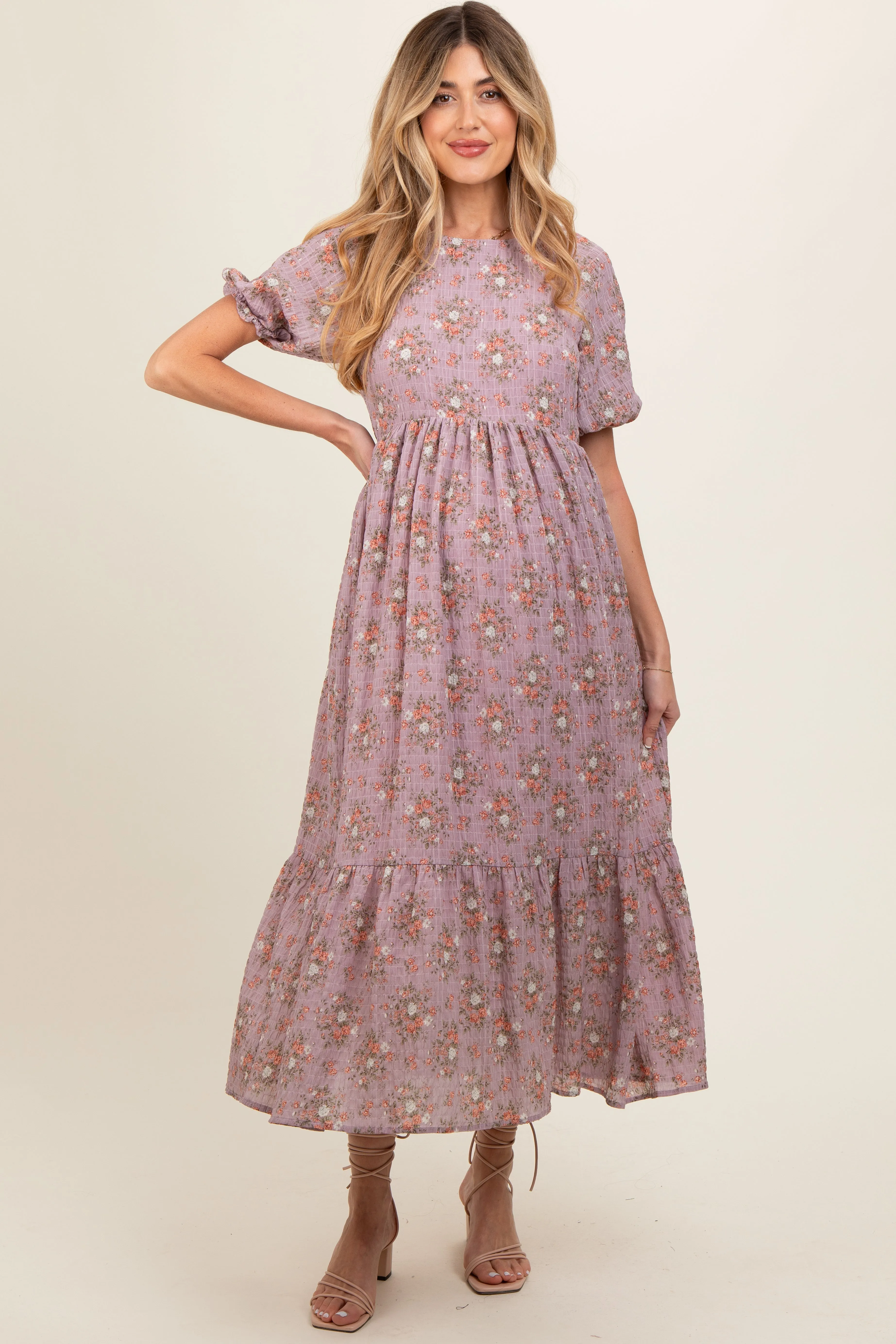 Lavender Floral Textured Tied Open Back Maternity Maxi Dress sold by Pinkblush