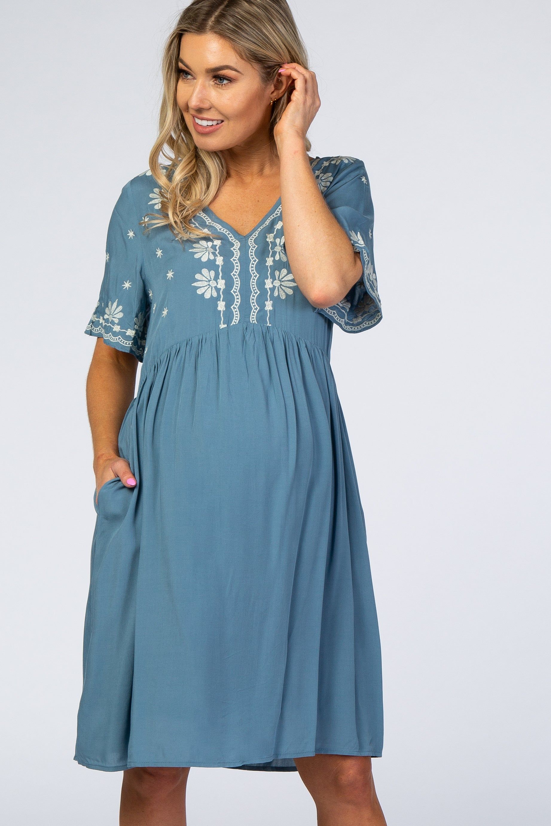 Blue Embroidered Maternity Midi Dress sold by Pinkblush product image thumbnail 2