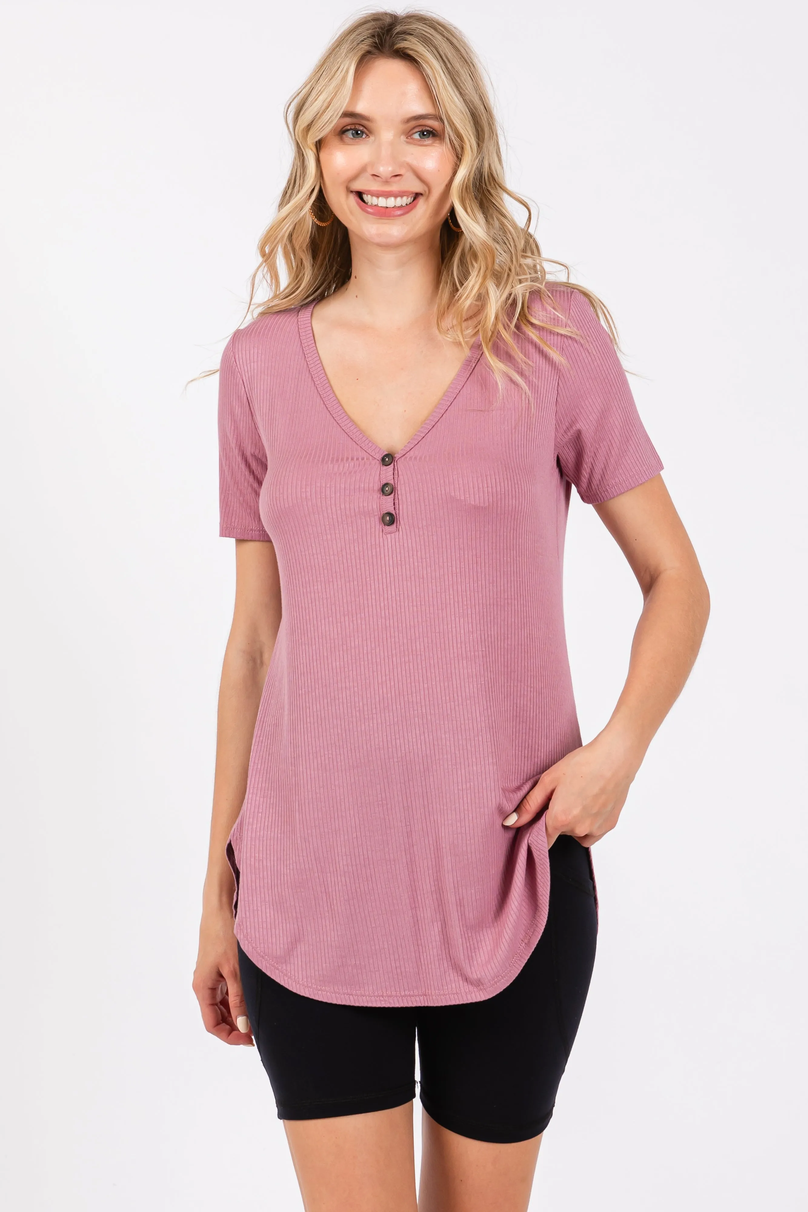 Mauve Ribbed Short Sleeve Button Detail Maternity Top sold by Pinkblush product image thumbnail 4