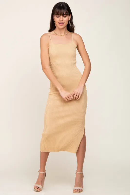 Beige Ribbed Knit Side Slit Midi Dress sold by Pinkblush