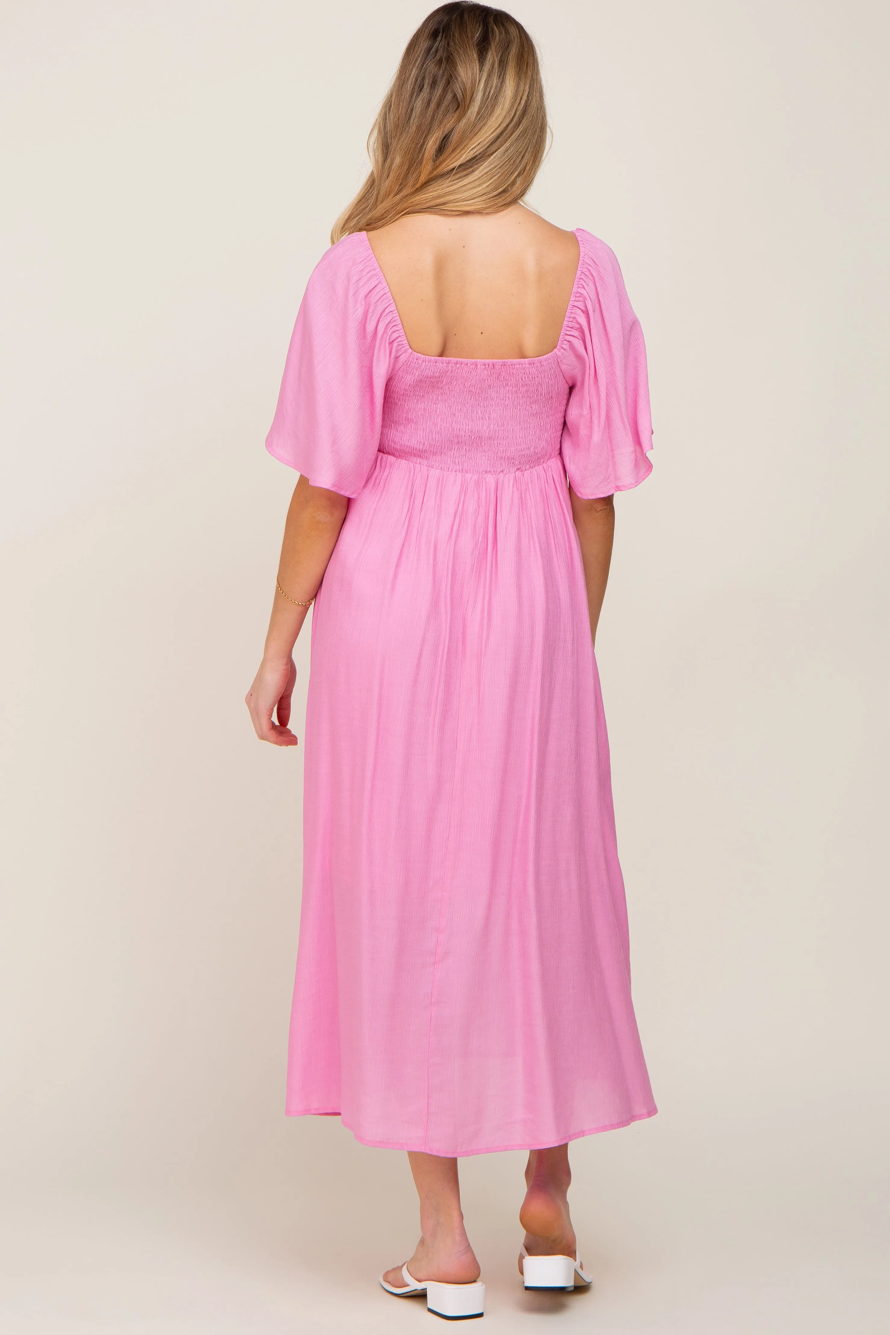 Pink Front Tie Ruffle Sleeve Maternity Midi Dress sold by Pinkblush product image thumbnail 3