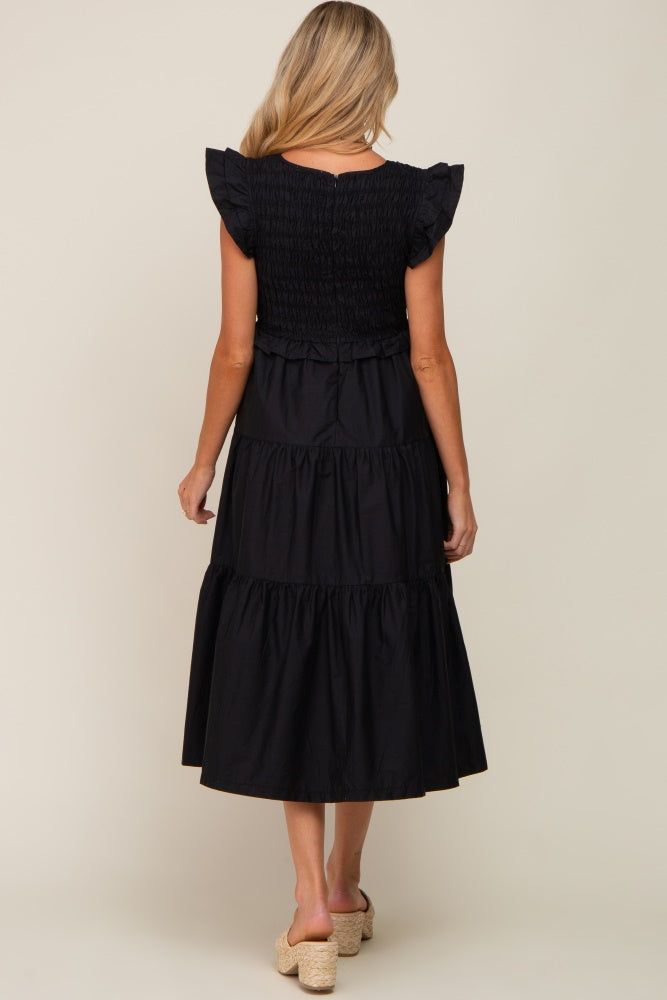 Black Smocked Flutter Sleeve Tiered Maternity Midi Dress sold by Pinkblush product image thumbnail 3