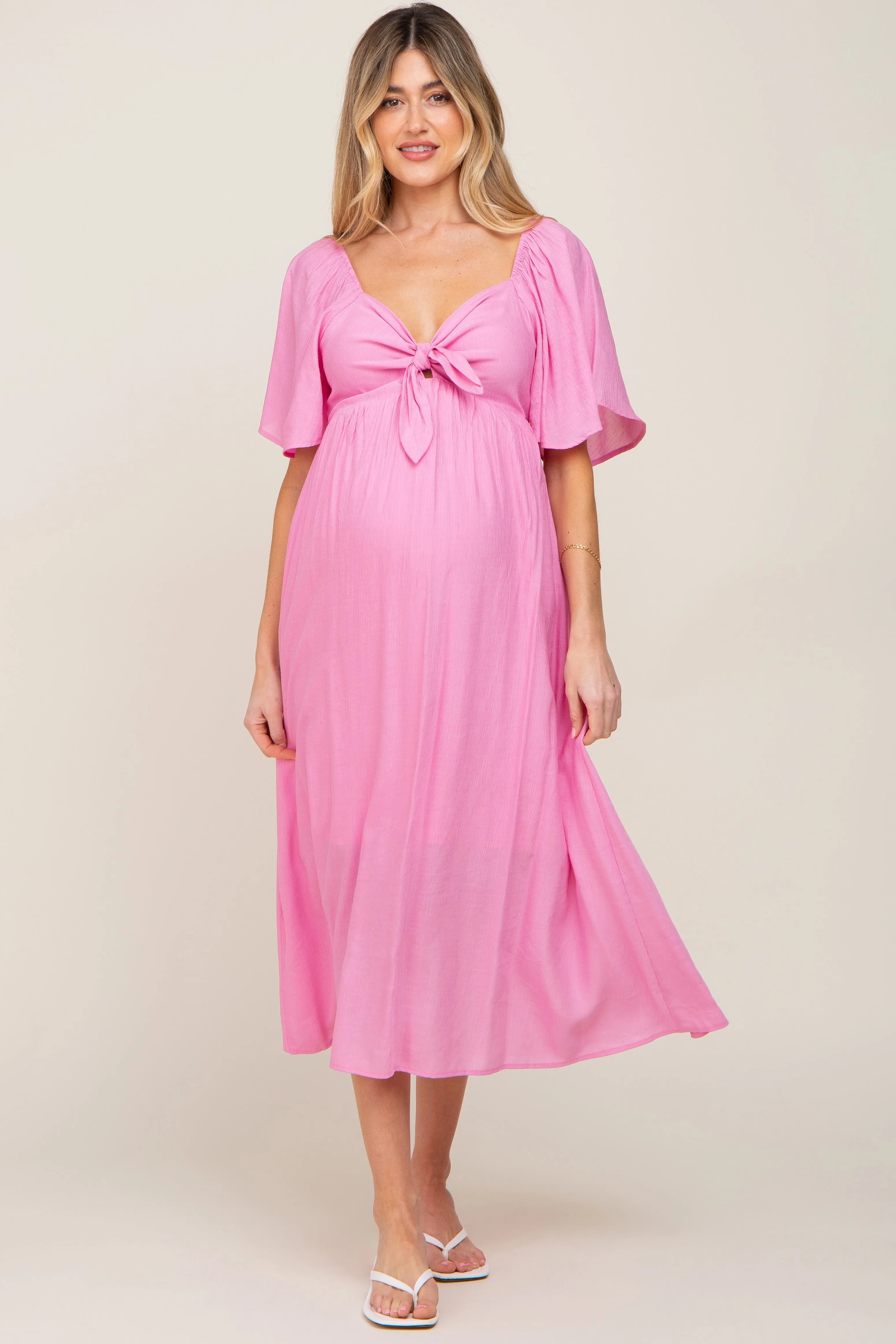 Pink Front Tie Ruffle Sleeve Maternity Midi Dress sold by Pinkblush product image thumbnail 4