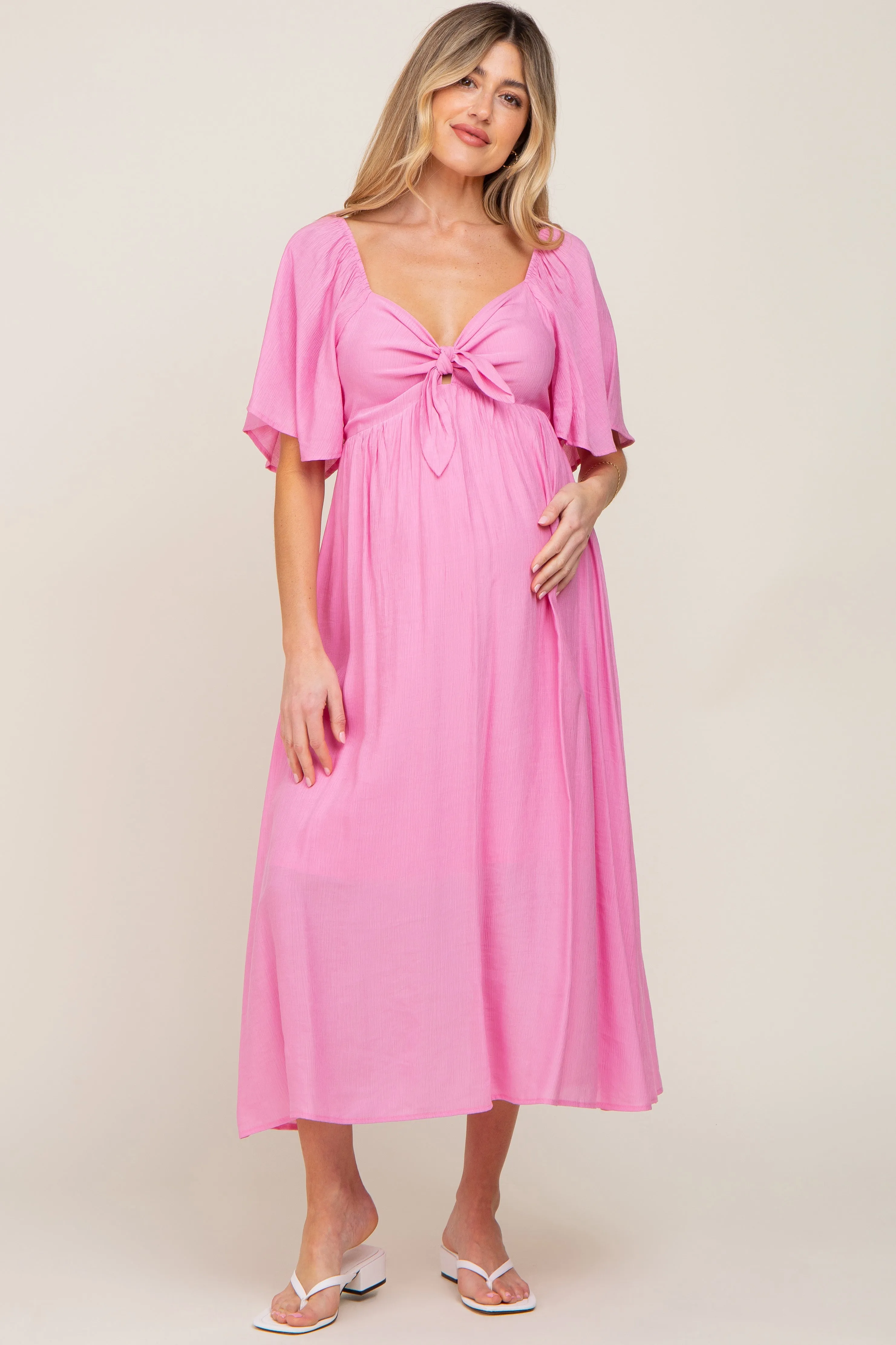 Pink Front Tie Ruffle Sleeve Maternity Midi Dress sold by Pinkblush
