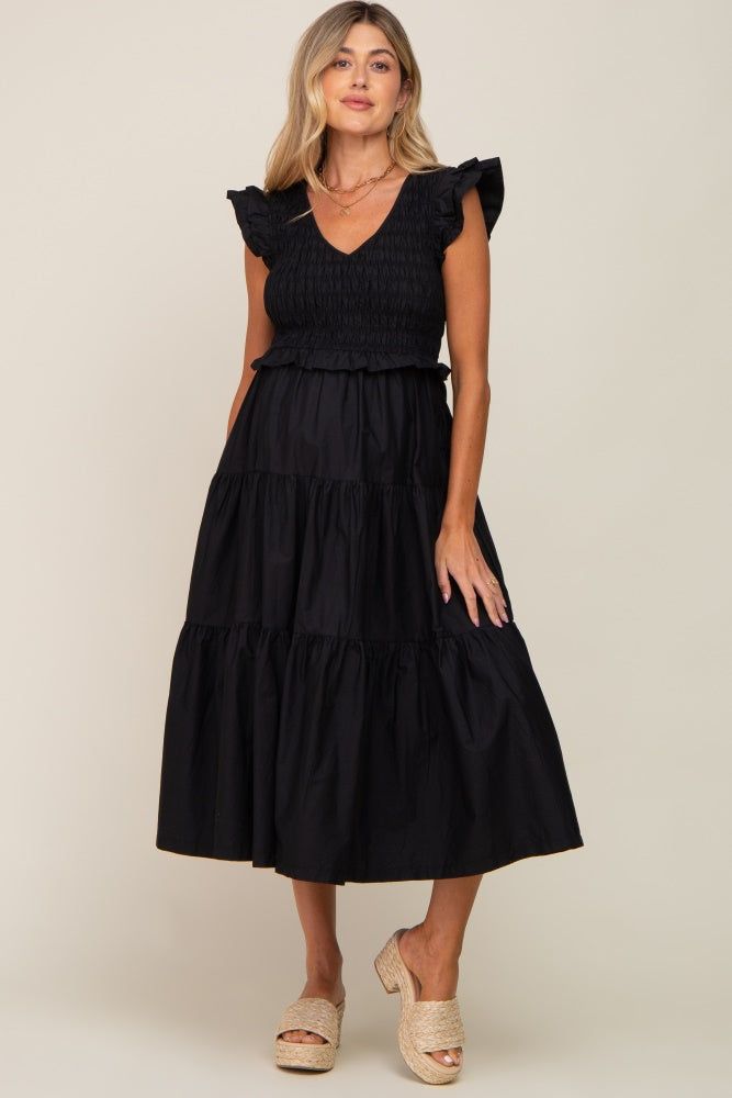 Black Smocked Flutter Sleeve Tiered Maternity Midi Dress sold by Pinkblush product image thumbnail 4