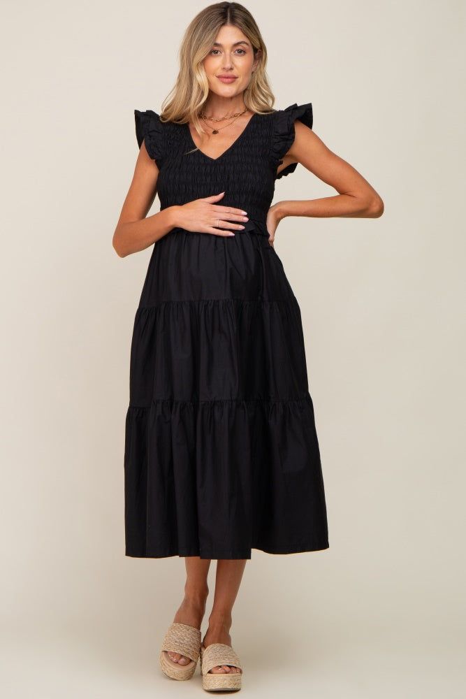 Black Smocked Flutter Sleeve Tiered Maternity Midi Dress sold by Pinkblush