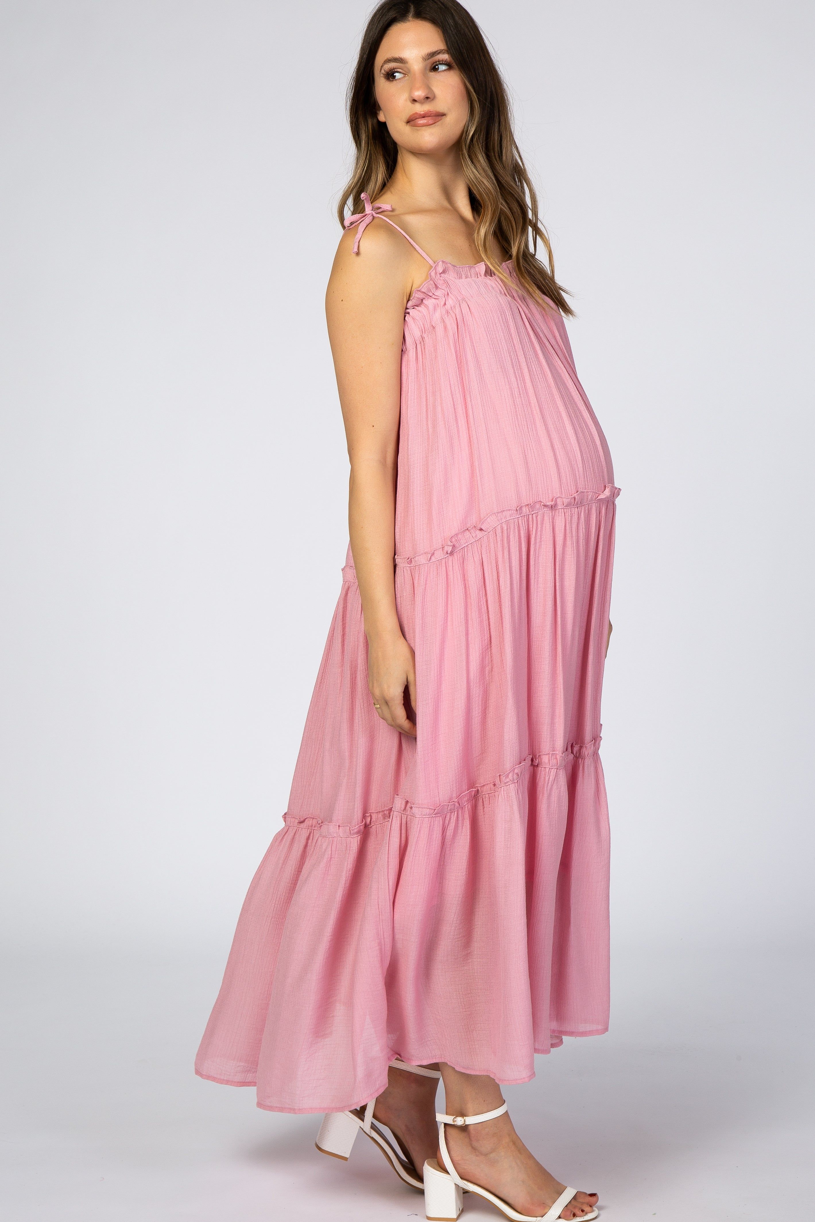 Pink Tie Strap Ruffle Maternity Maxi Dress sold by Pinkblush product image thumbnail 2