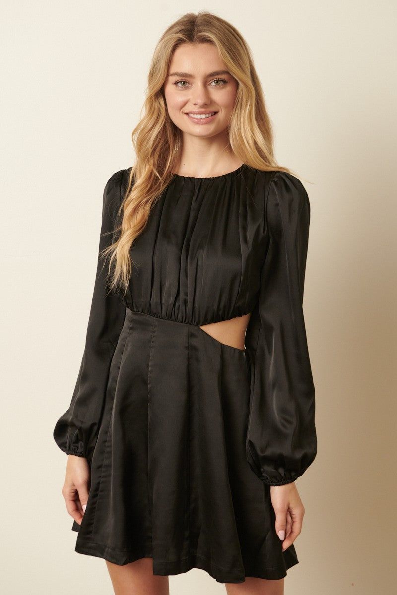 Black Satin Side Cutout Detail Mini Dress sold by Pinkblush