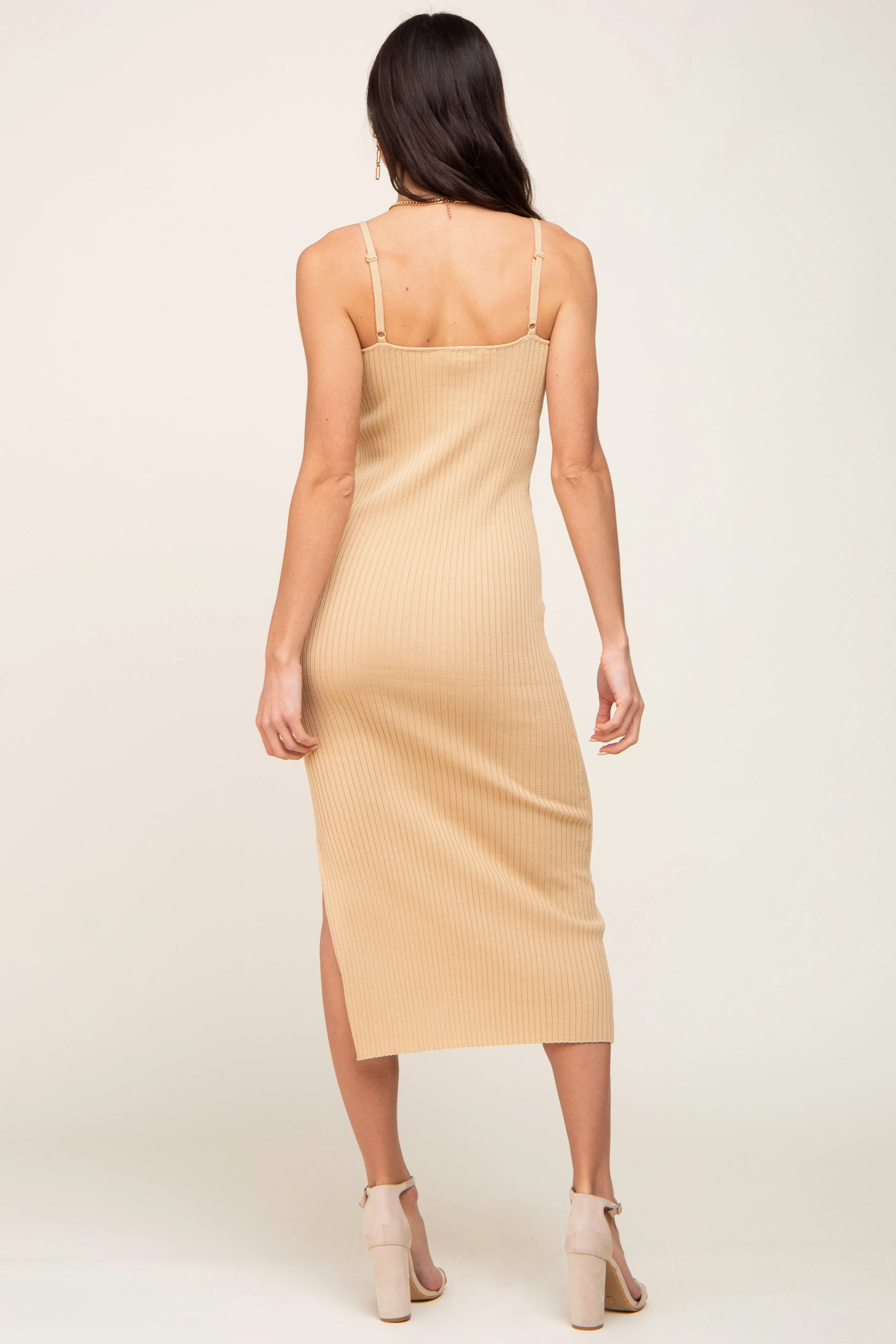 Beige Ribbed Knit Side Slit Midi Dress sold by Pinkblush product image thumbnail 3