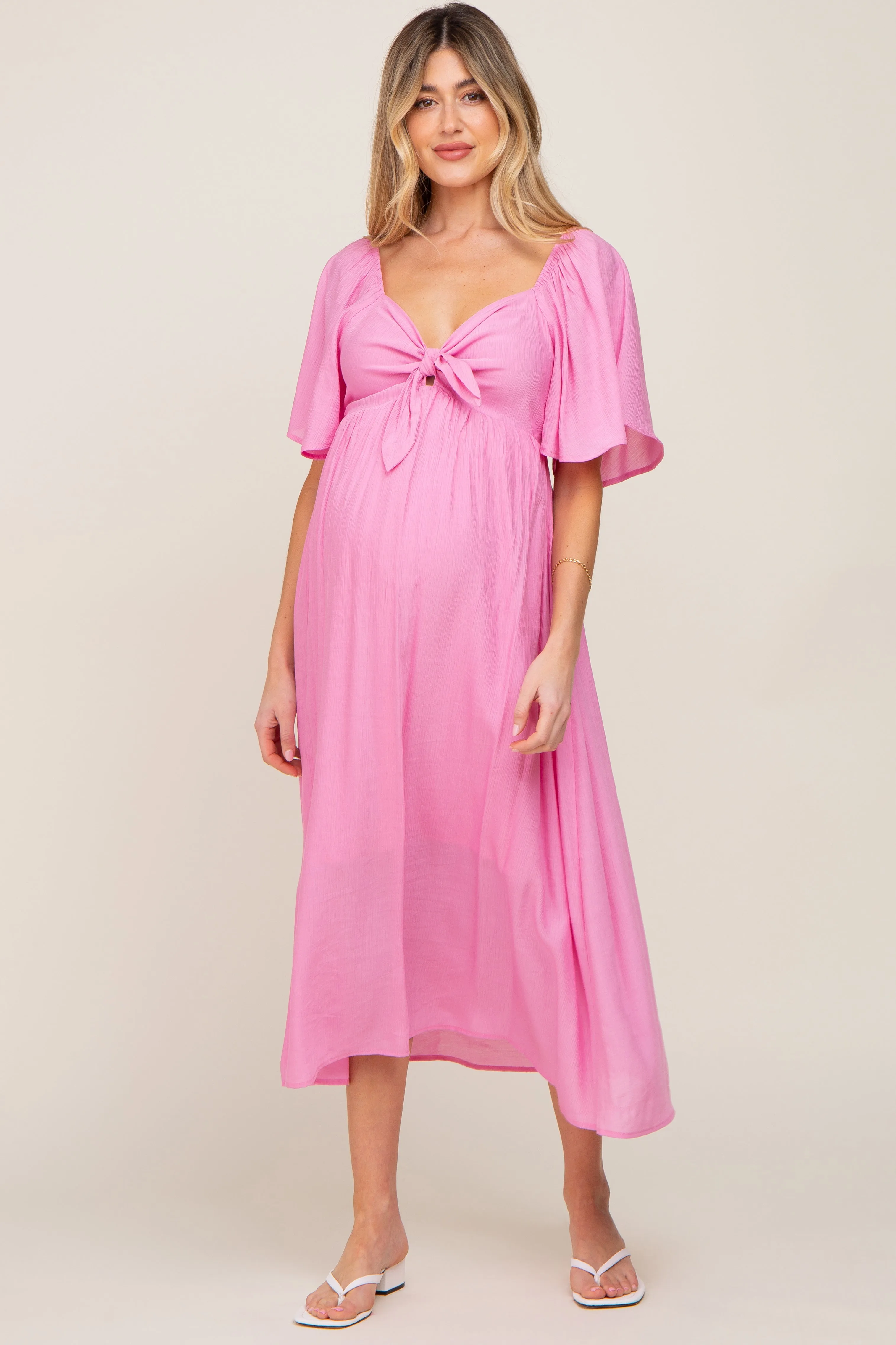 Pink Front Tie Ruffle Sleeve Maternity Midi Dress sold by Pinkblush product image thumbnail 5