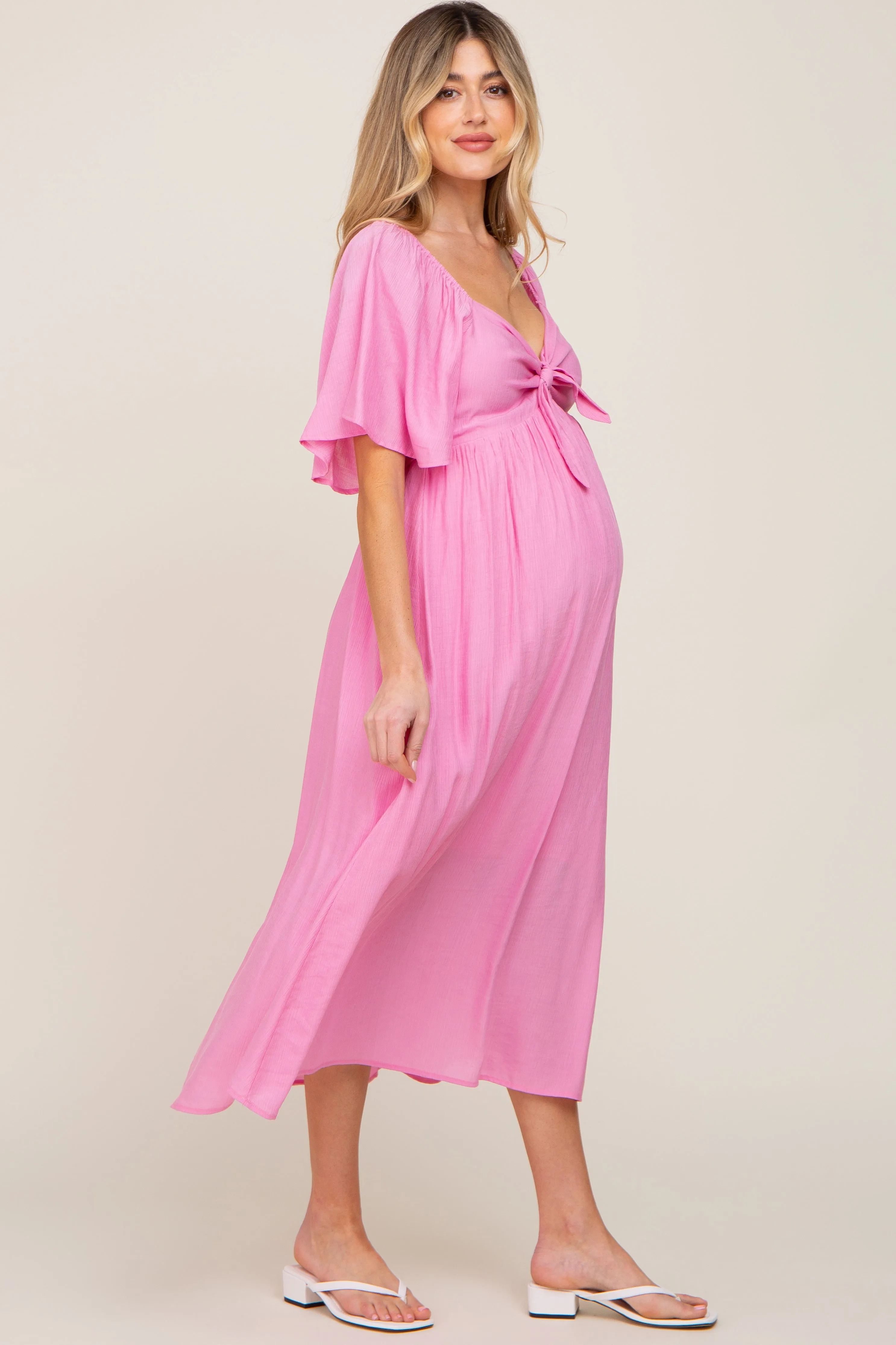 Pink Front Tie Ruffle Sleeve Maternity Midi Dress sold by Pinkblush product image thumbnail 2